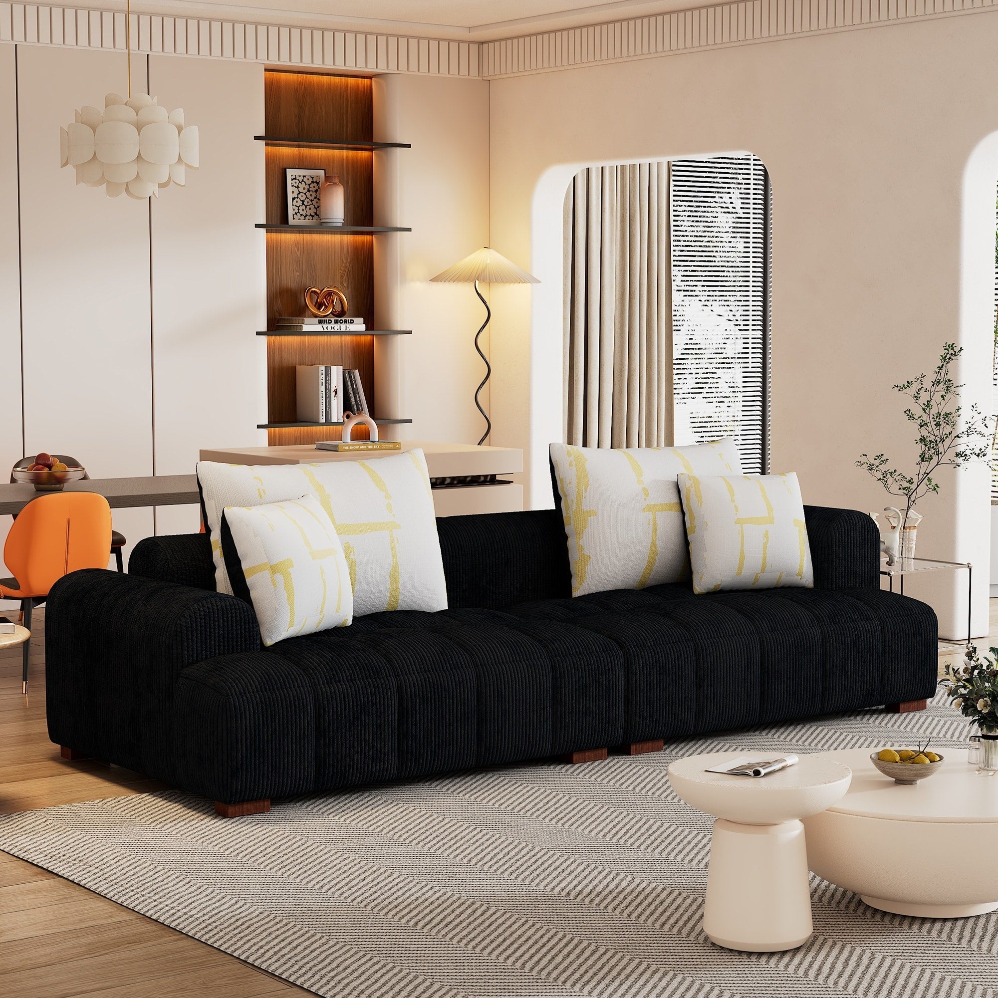 Comfy Corduroy Upholstered Sofa with Wood Legs and Pillows - 38.50 x 103.90 x 25.10