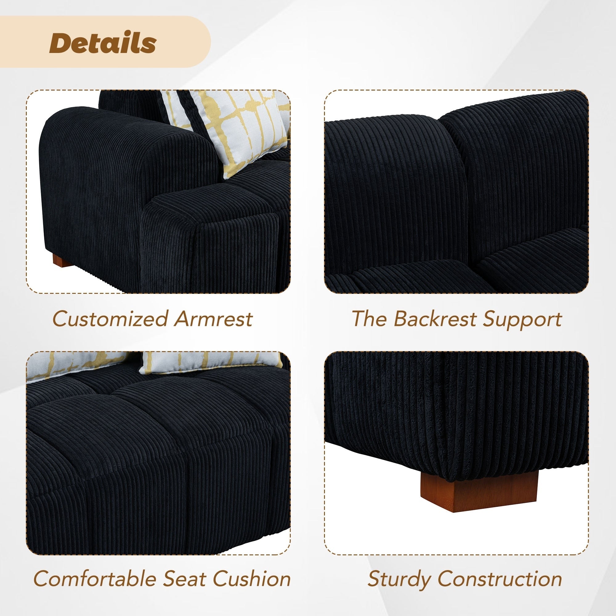 Comfy Corduroy Upholstered Sofa with Wood Legs and Pillows - 38.50 x 103.90 x 25.10
