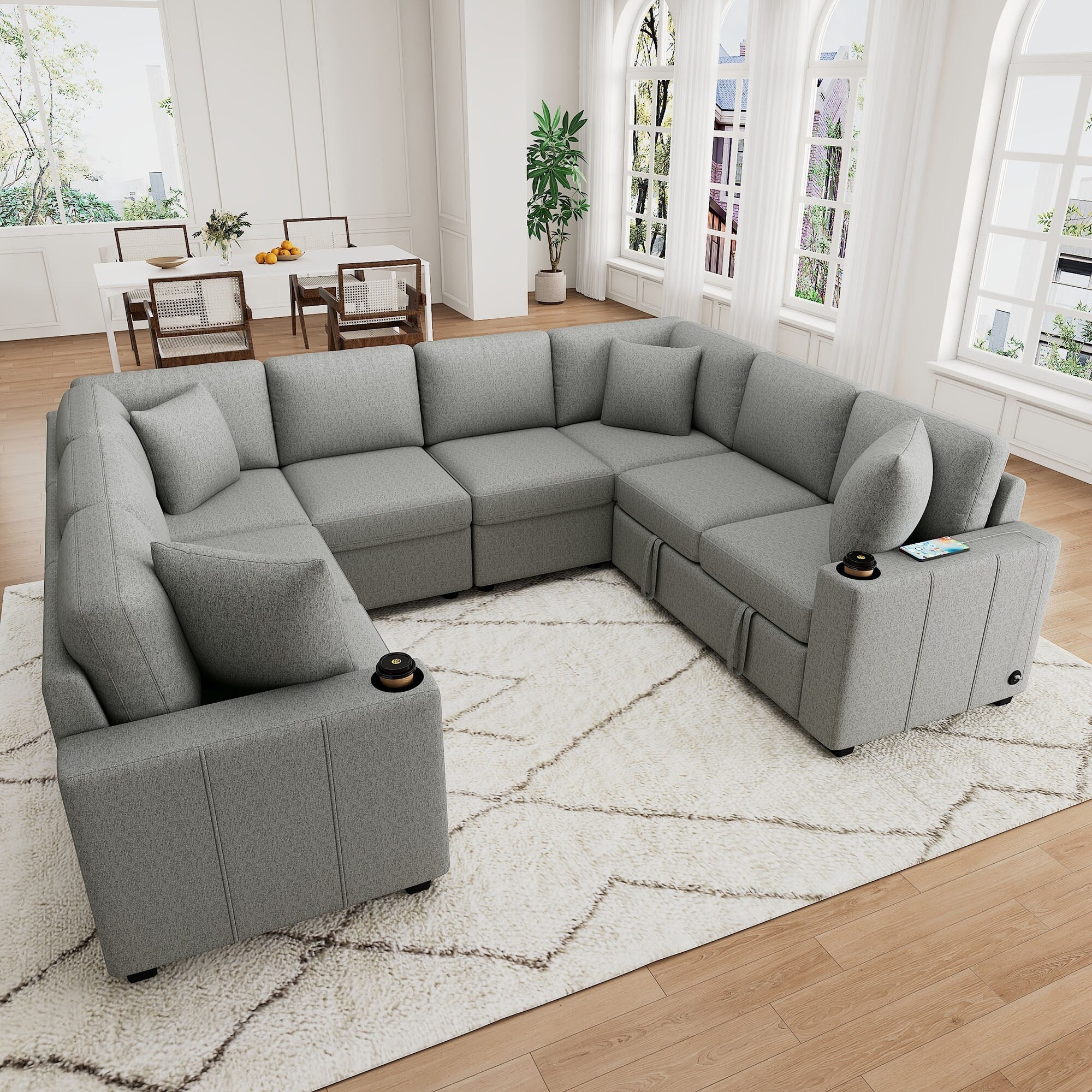 108 Inch Modular UâShaped Sectional Sofa with Pull Out Sleeper, USB Ports and Dual Cup Holders for Living Room