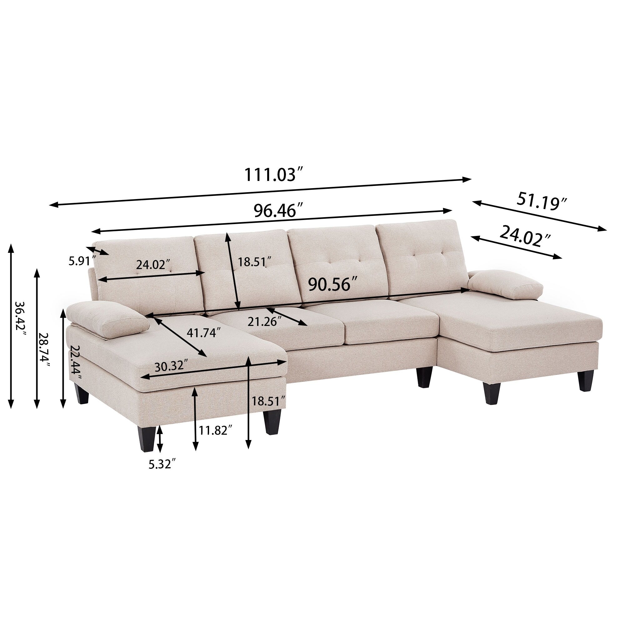 4 Seat U Shaped Sectional Sofa Couch with Double Chaise for Living Room