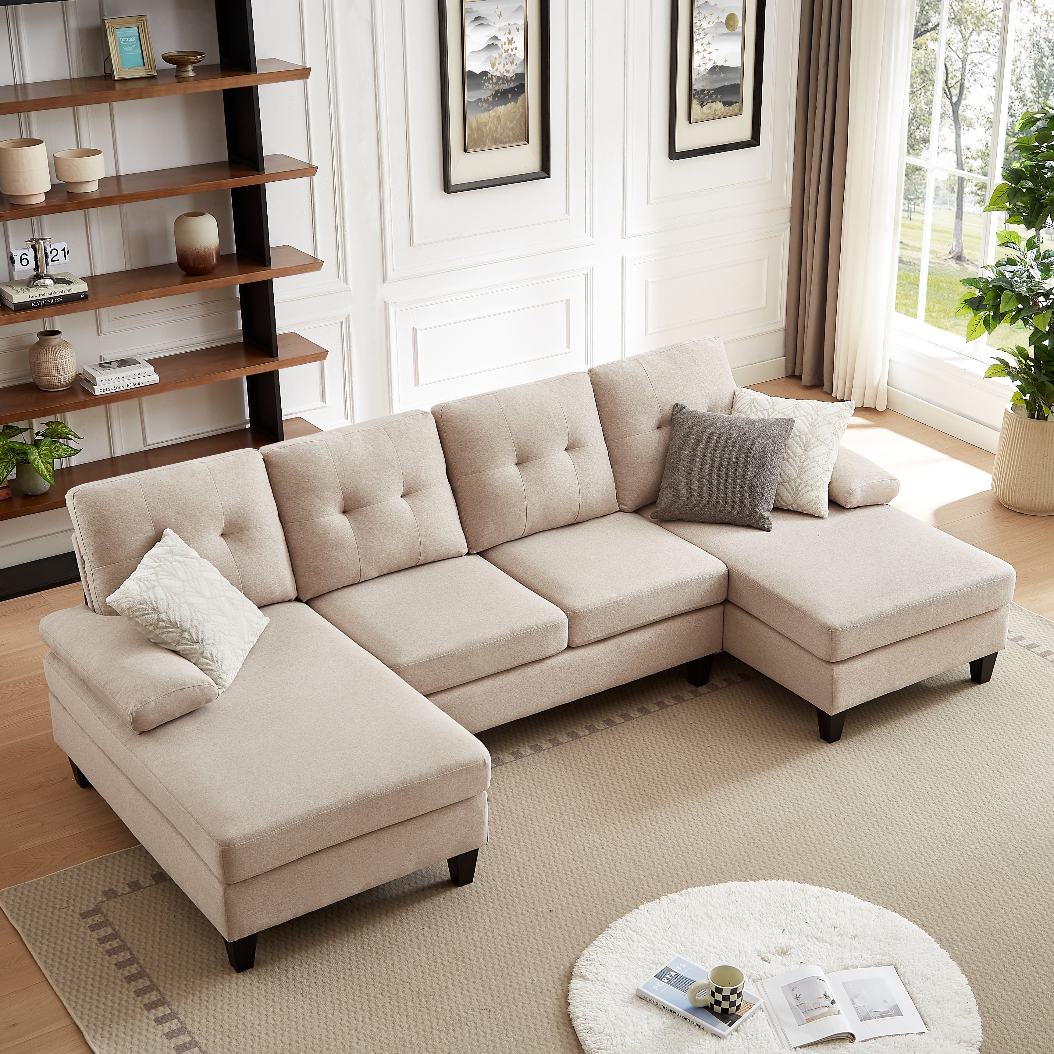 4 Seat U Shaped Sectional Sofa Couch with Double Chaise for Living Room