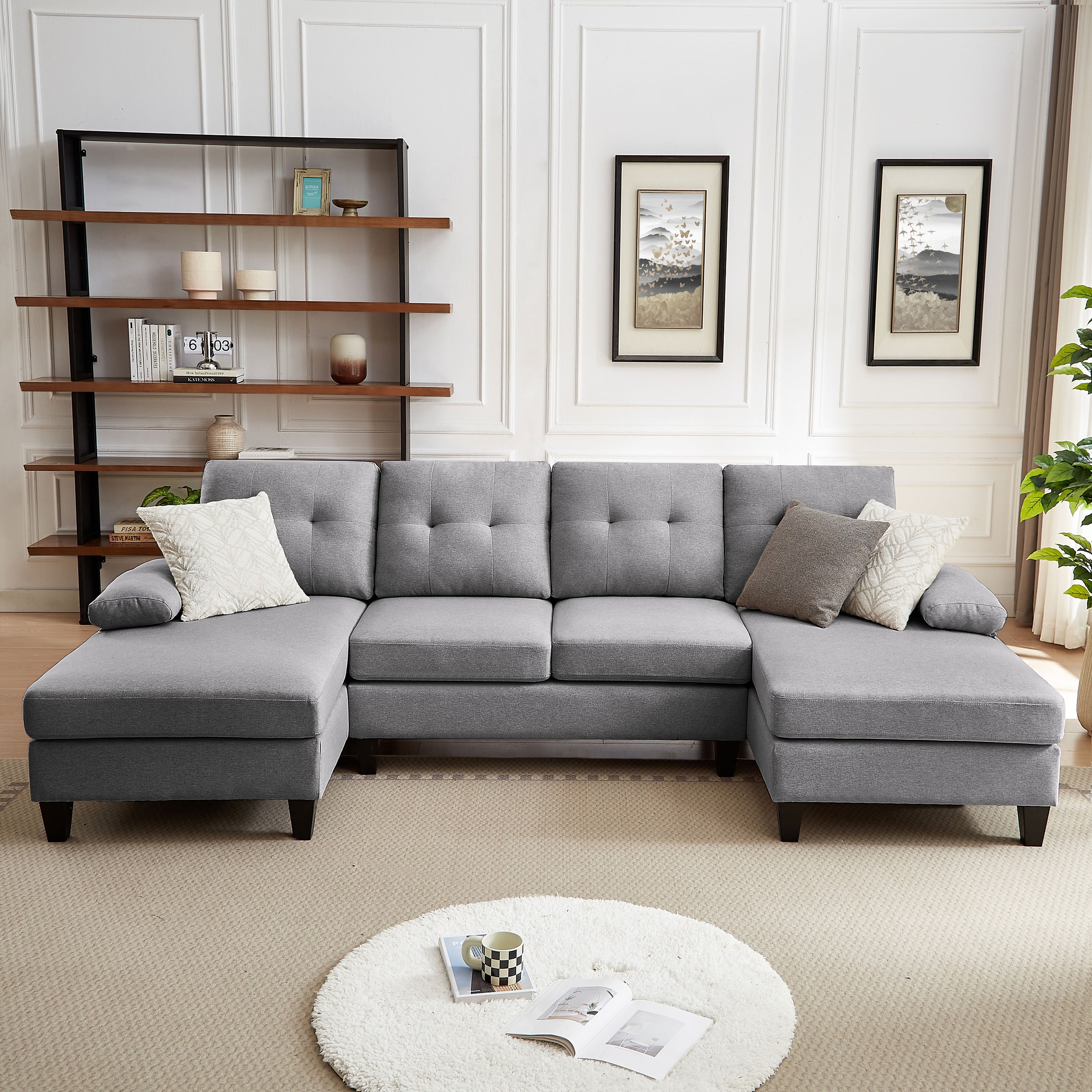 4 Seat U Shaped Sectional Sofa Couch with Double Chaise for Living Room