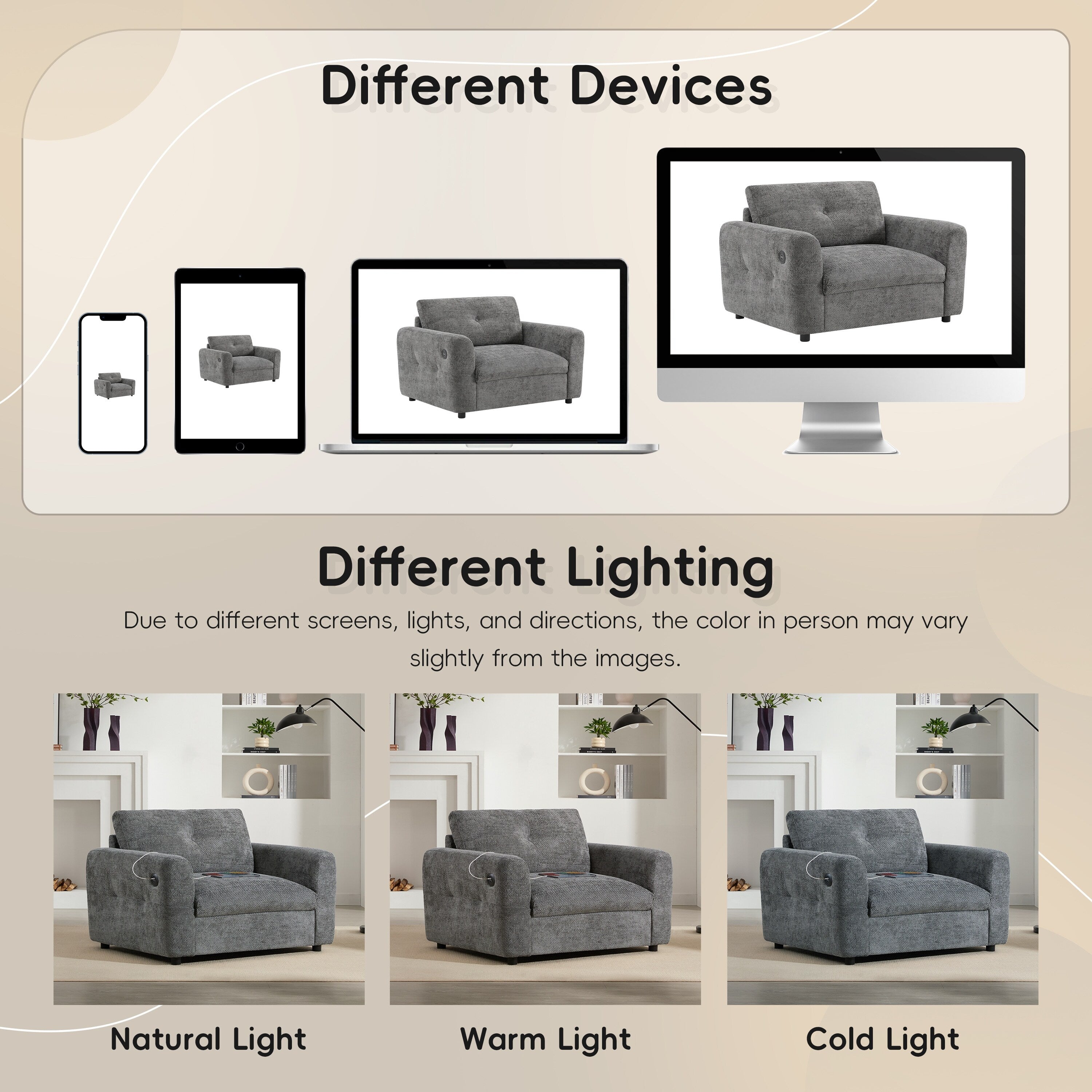 42*33 Chenille Single Sofa Armchair Wide Seat Dual Charger 2 Colors