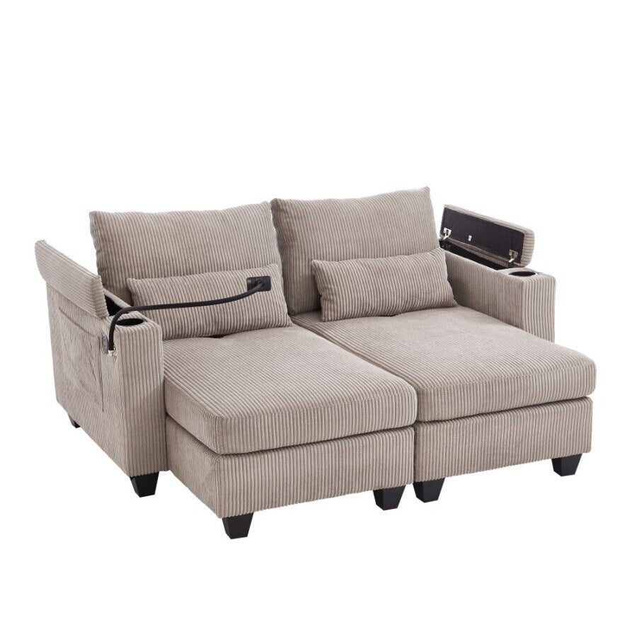 63 Corduroy Convertible Loveseat Sofa Bed with USB Ports, Two Cup Holders, A Phone Holder for Living Room