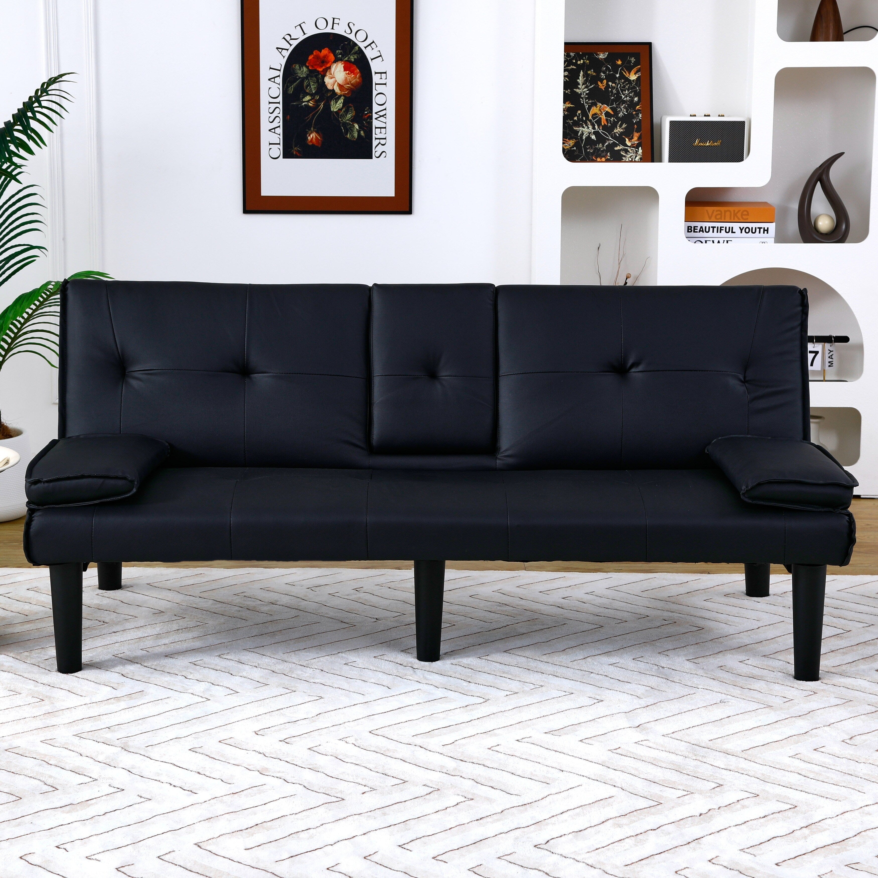 67 Inch Black PVC Foldable Sofa Bed with Cup Holder for Living Room Guest Room Dorm Office