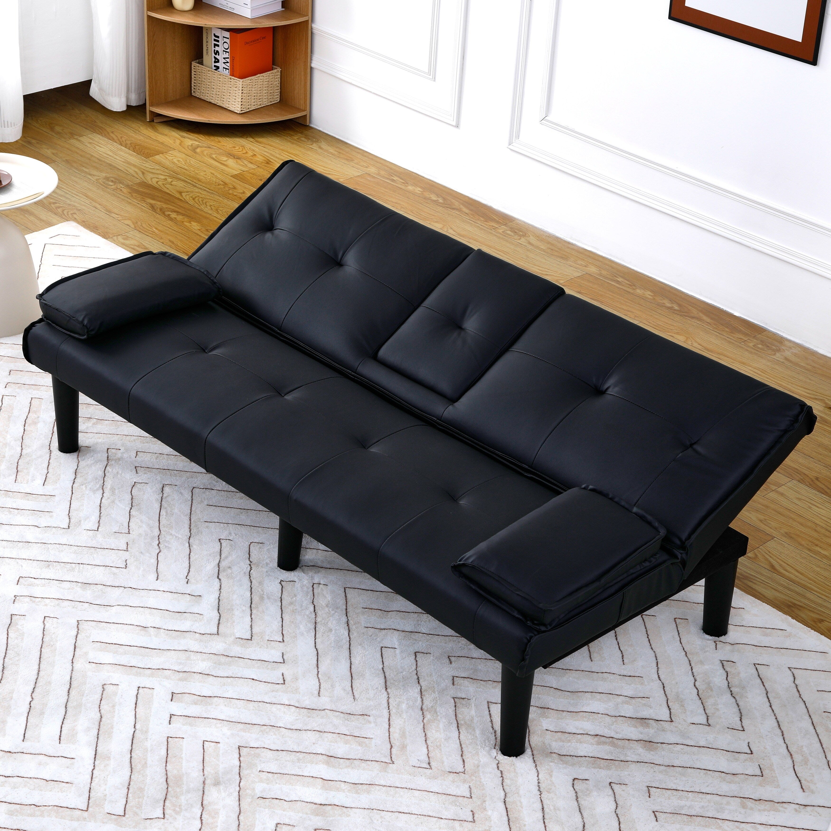 67 Inch Black PVC Foldable Sofa Bed with Cup Holder for Living Room Guest Room Dorm Office