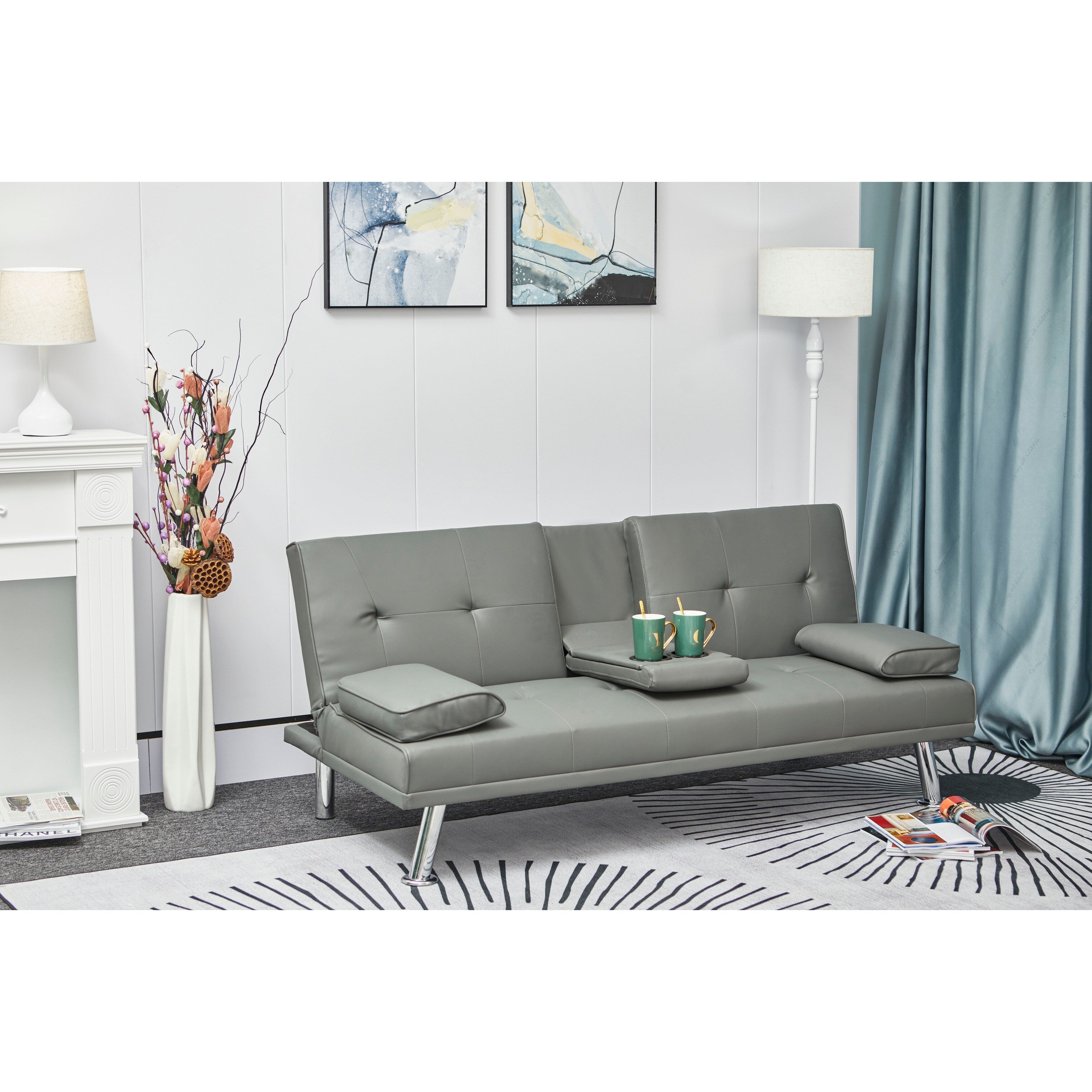 White Leather Multifunctional Pull-out Sofa Bed with Coffee Table - 31.00 x 67.00 x 33.00