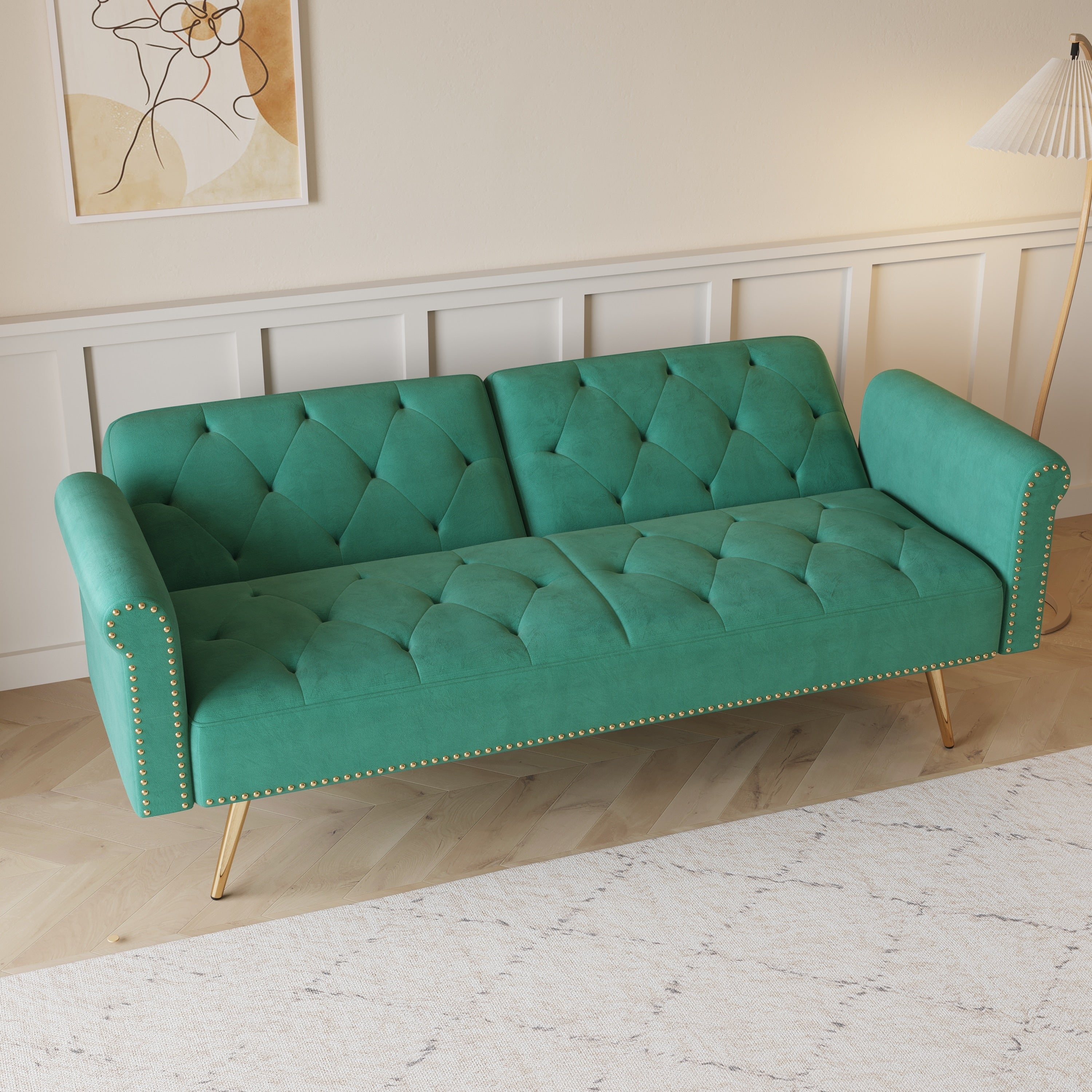 Velvet Nailhead Trim Sofa Bed with Throw Pillow