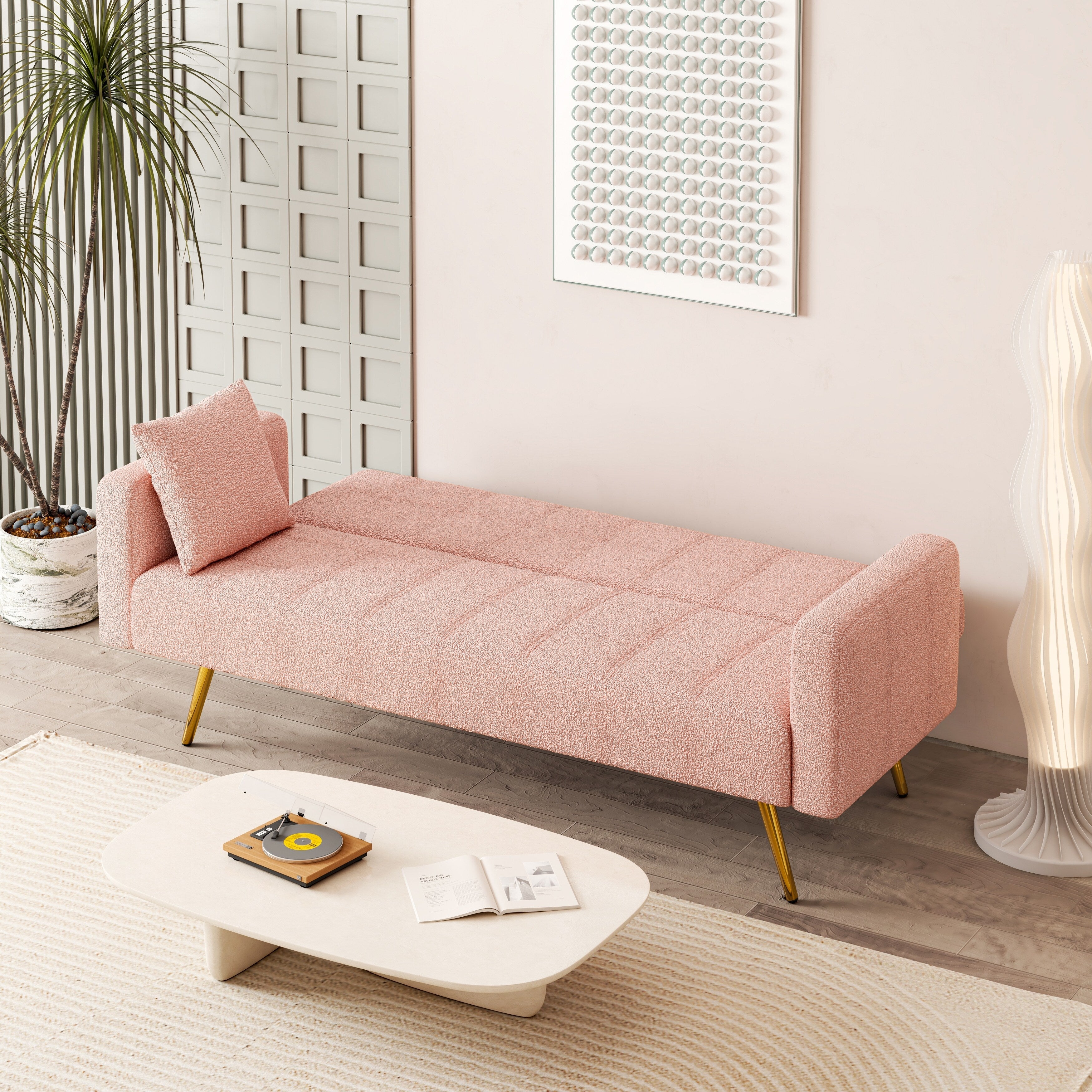Pink Teddy Fleece Sofa Bed with Two Throw Pillows - 31.10 x 71.70 x 31.89