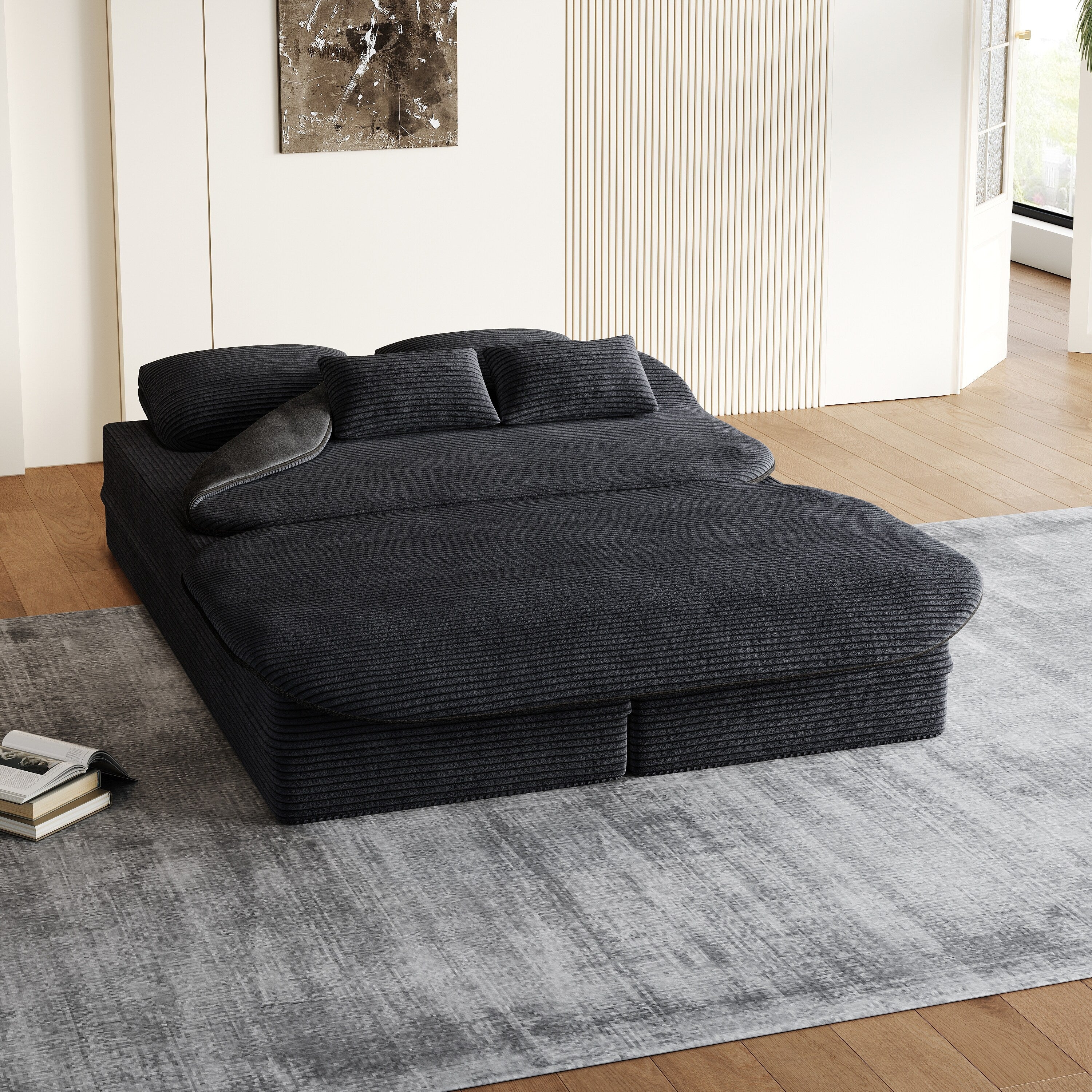 75 2-in-1 Foldable Corduroy Sofa Bed with Blanket for Living Room