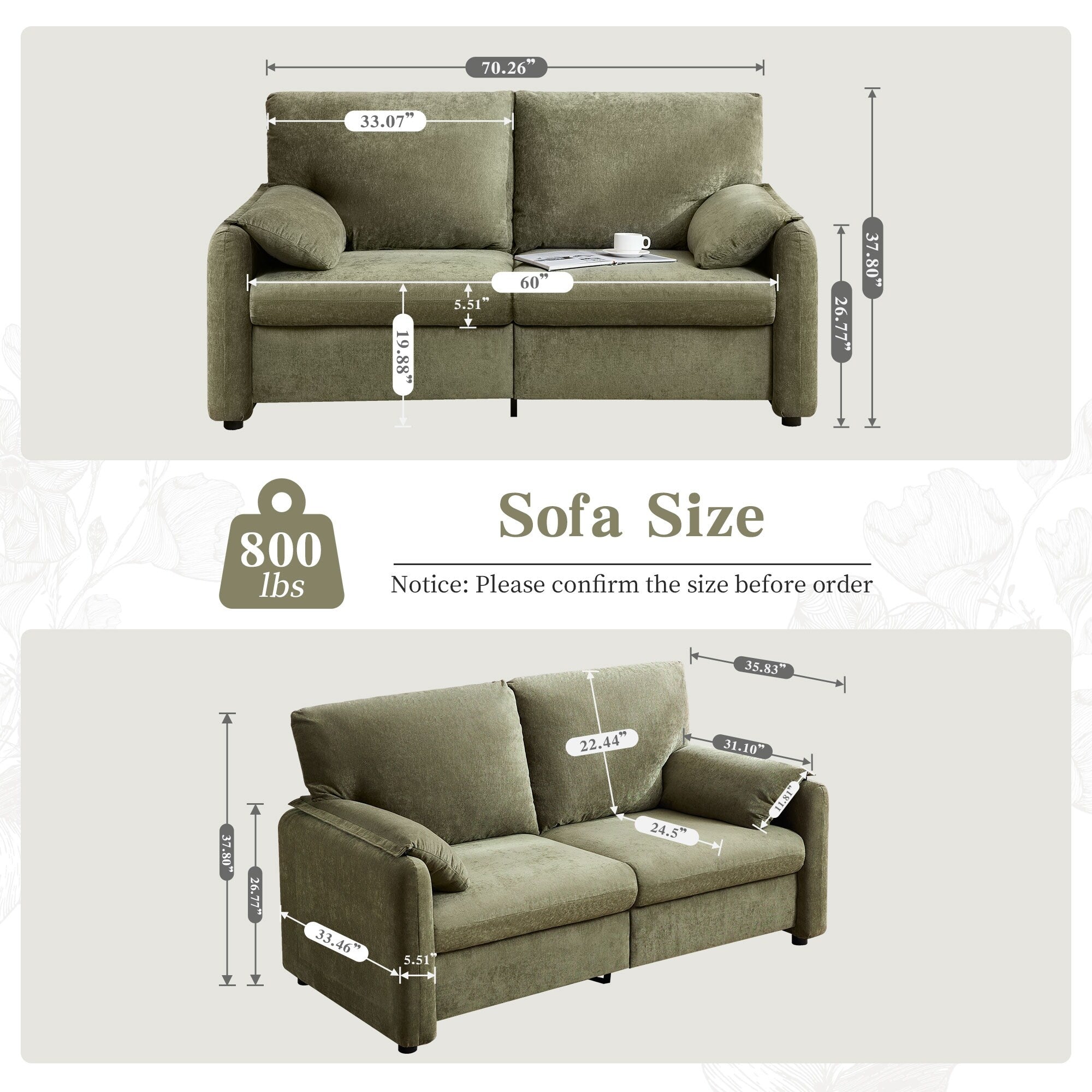 800LBS Down Filled Sofas, 60 inch Minimalist Sofa, with Multiple Colors in the Living Room and Bedroom