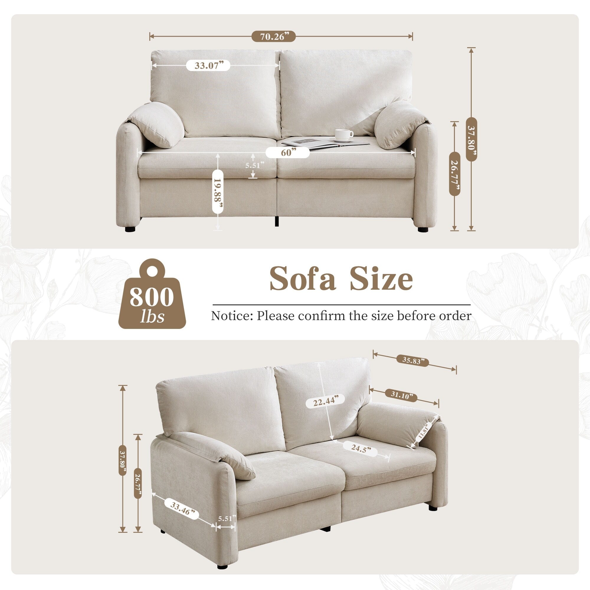 800LBS Down Filled Sofas, 60 inch Minimalist Sofa, with Multiple Colors in the Living Room and Bedroom