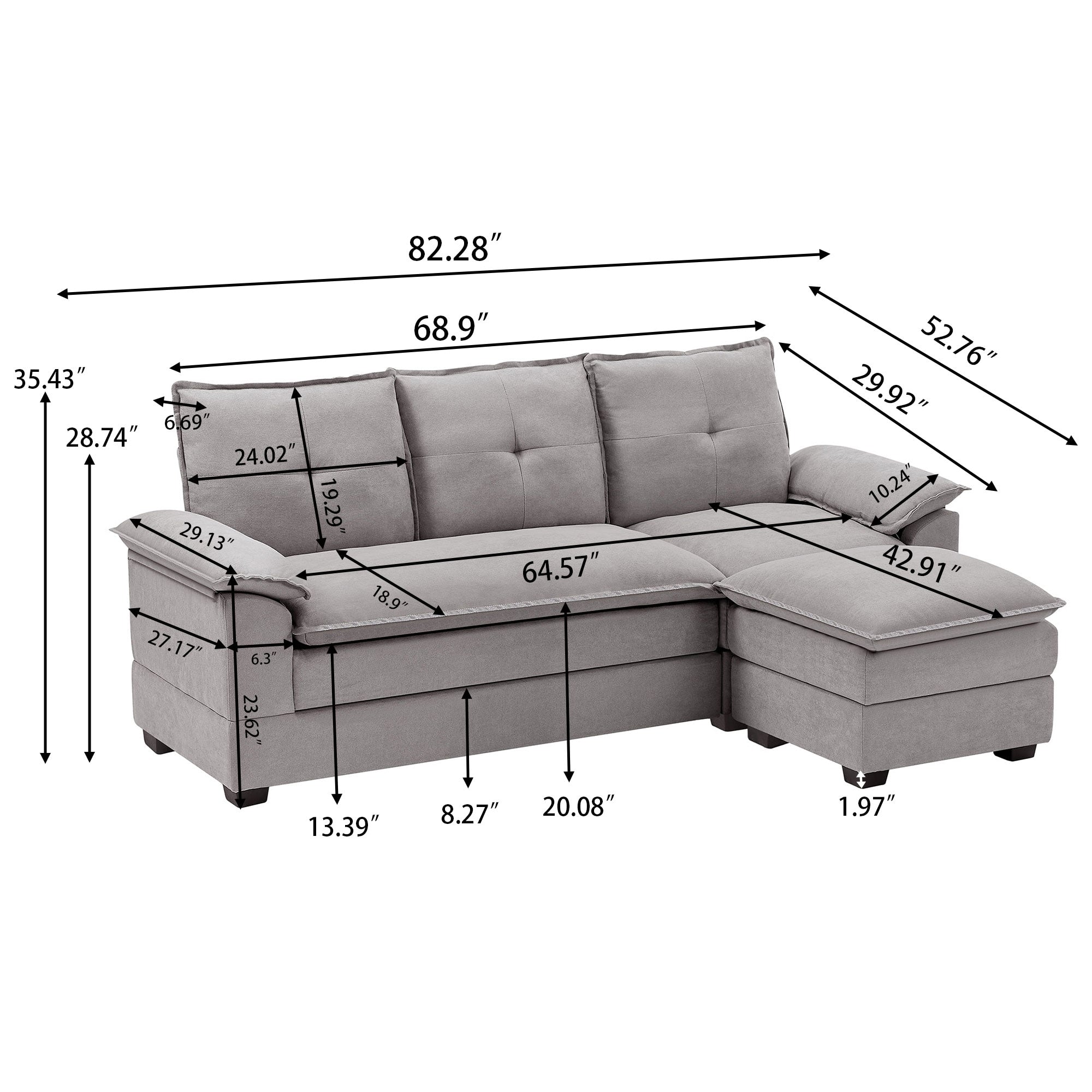 82.28 Inches L Shape Sectional Sofa with Cloud Seats for Living Room