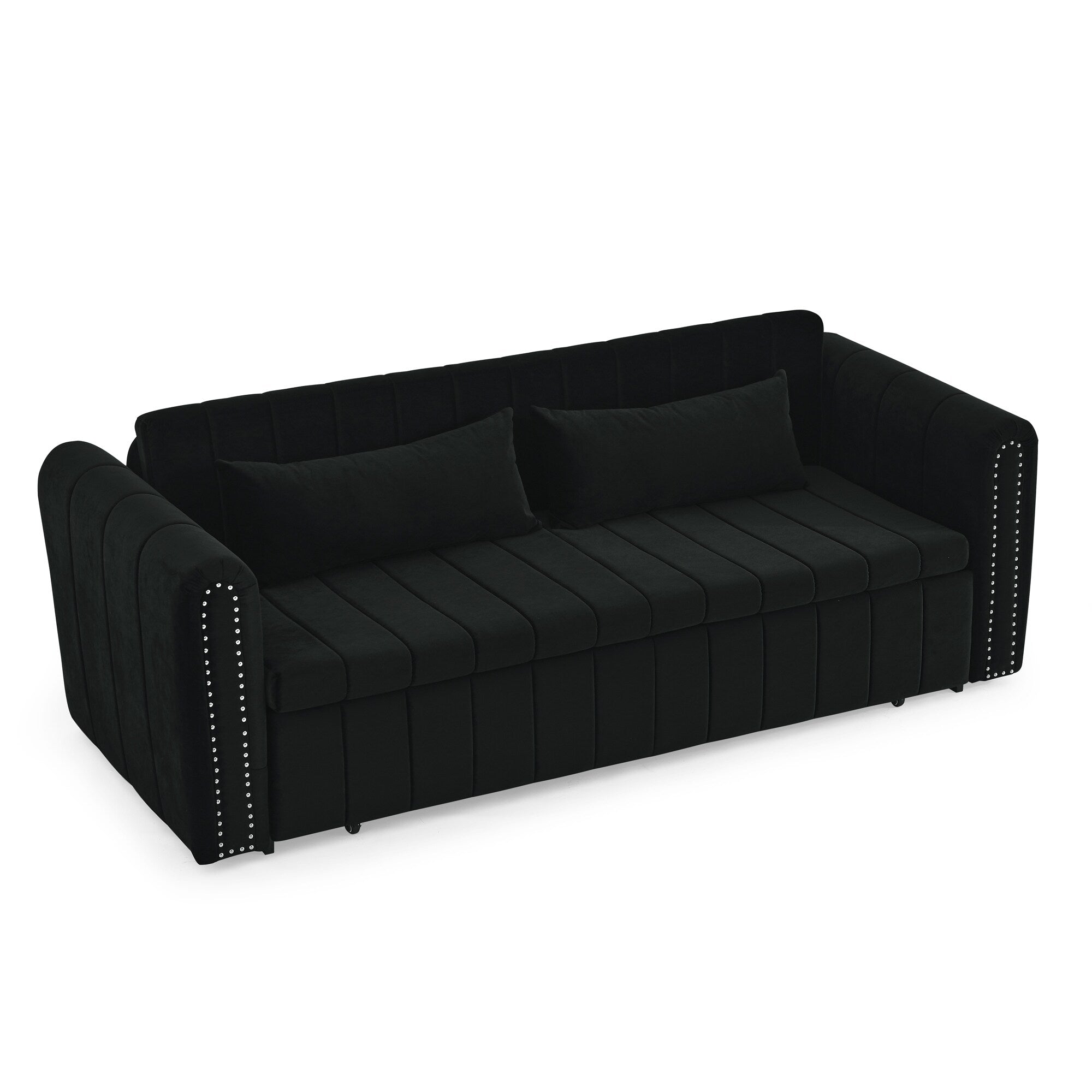 82.3'' Velvet 3 Seater Sofa with Rolled Arms, Pull-Out Queen Bed, Two Drawers and Two Pillows