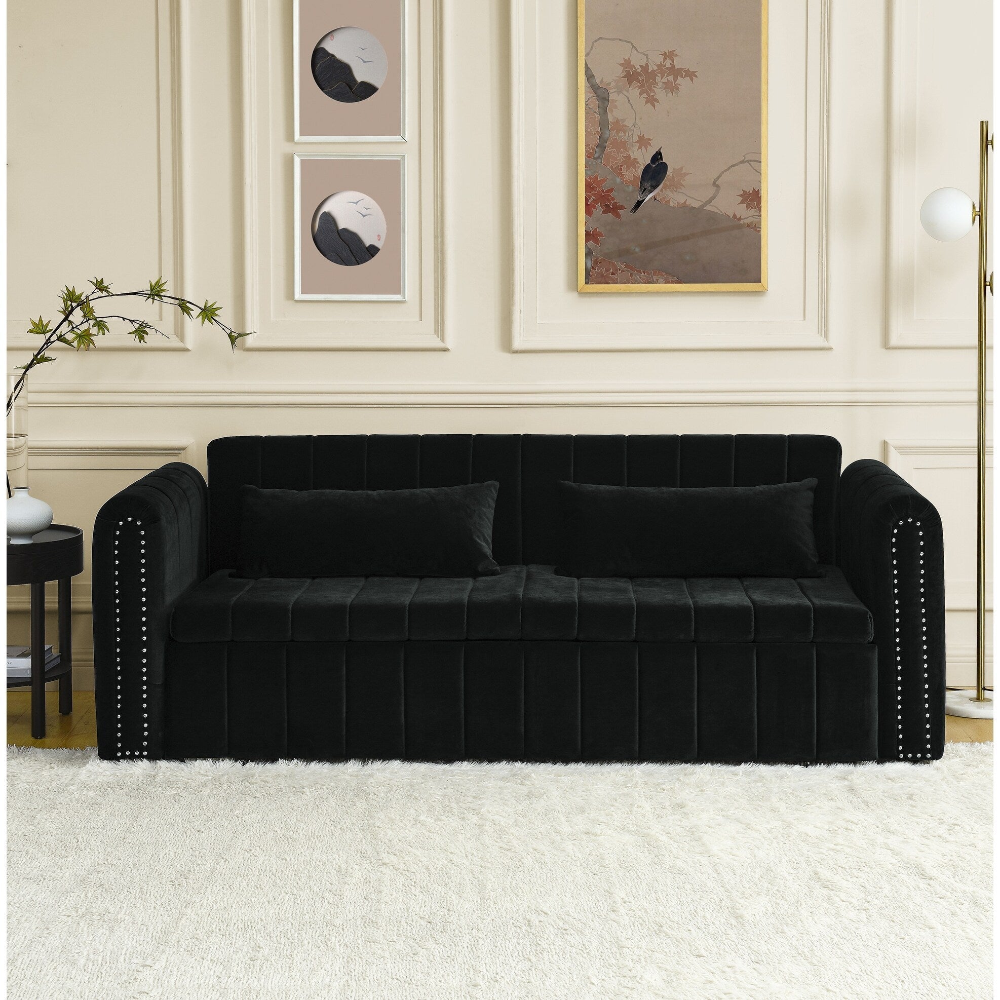 82.3'' Velvet 3 Seater Sofa with Rolled Arms, Pull-Out Queen Bed, Two Drawers and Two Pillows