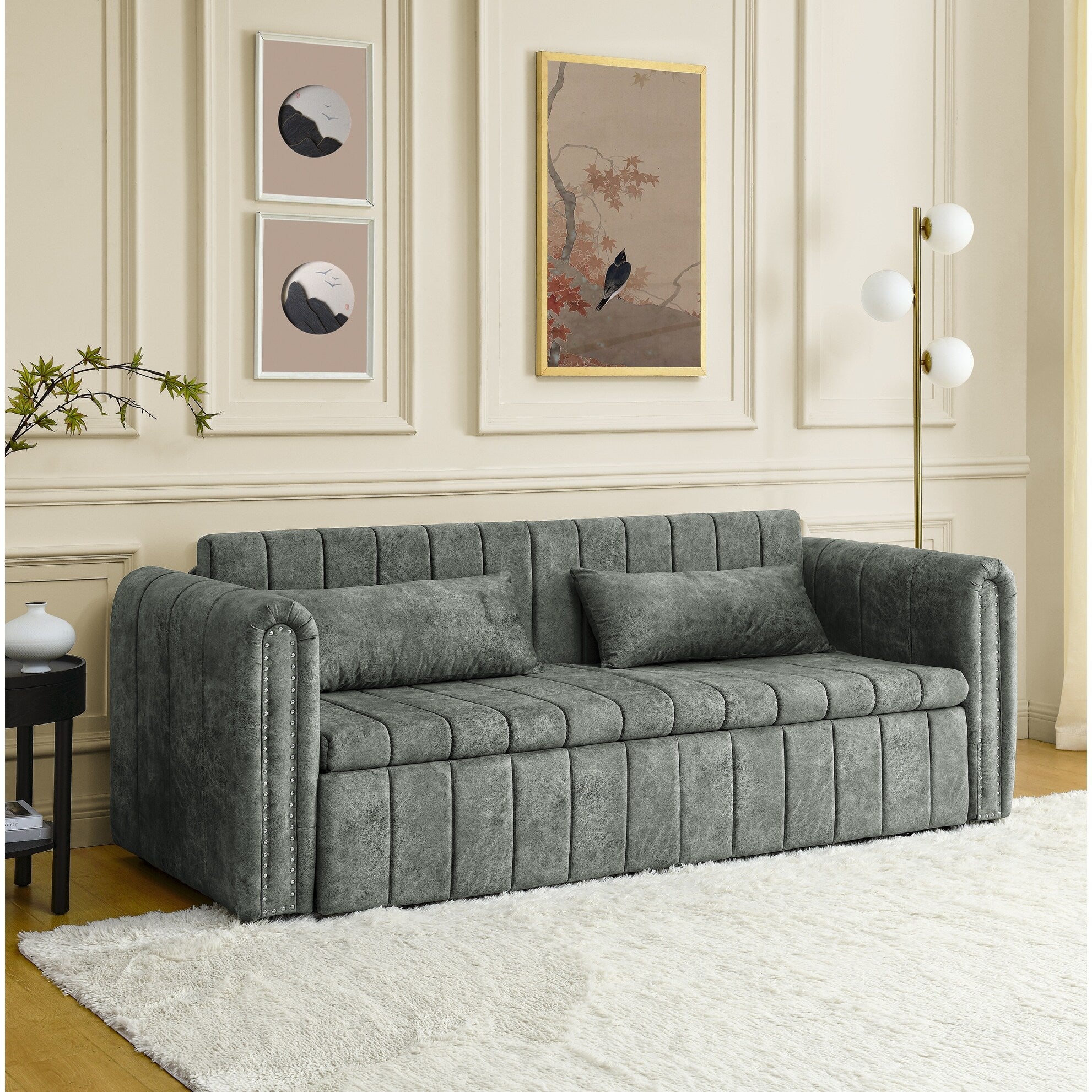 82.3'' Velvet 3 Seater Sofa with Rolled Arms, Pull-Out Queen Bed, Two Drawers and Two Pillows