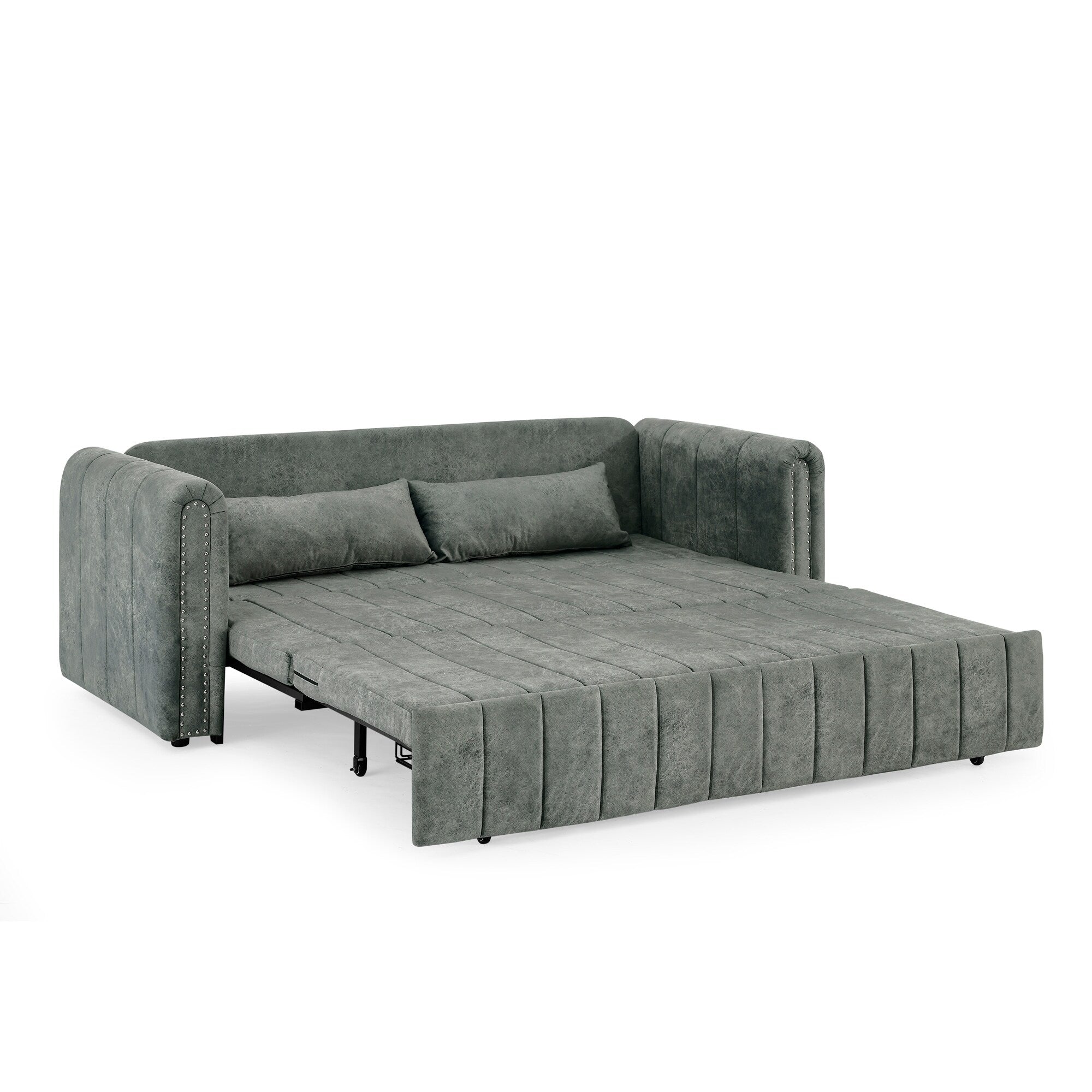 82.3'' Velvet 3 Seater Sofa with Rolled Arms, Pull-Out Queen Bed, Two Drawers and Two Pillows