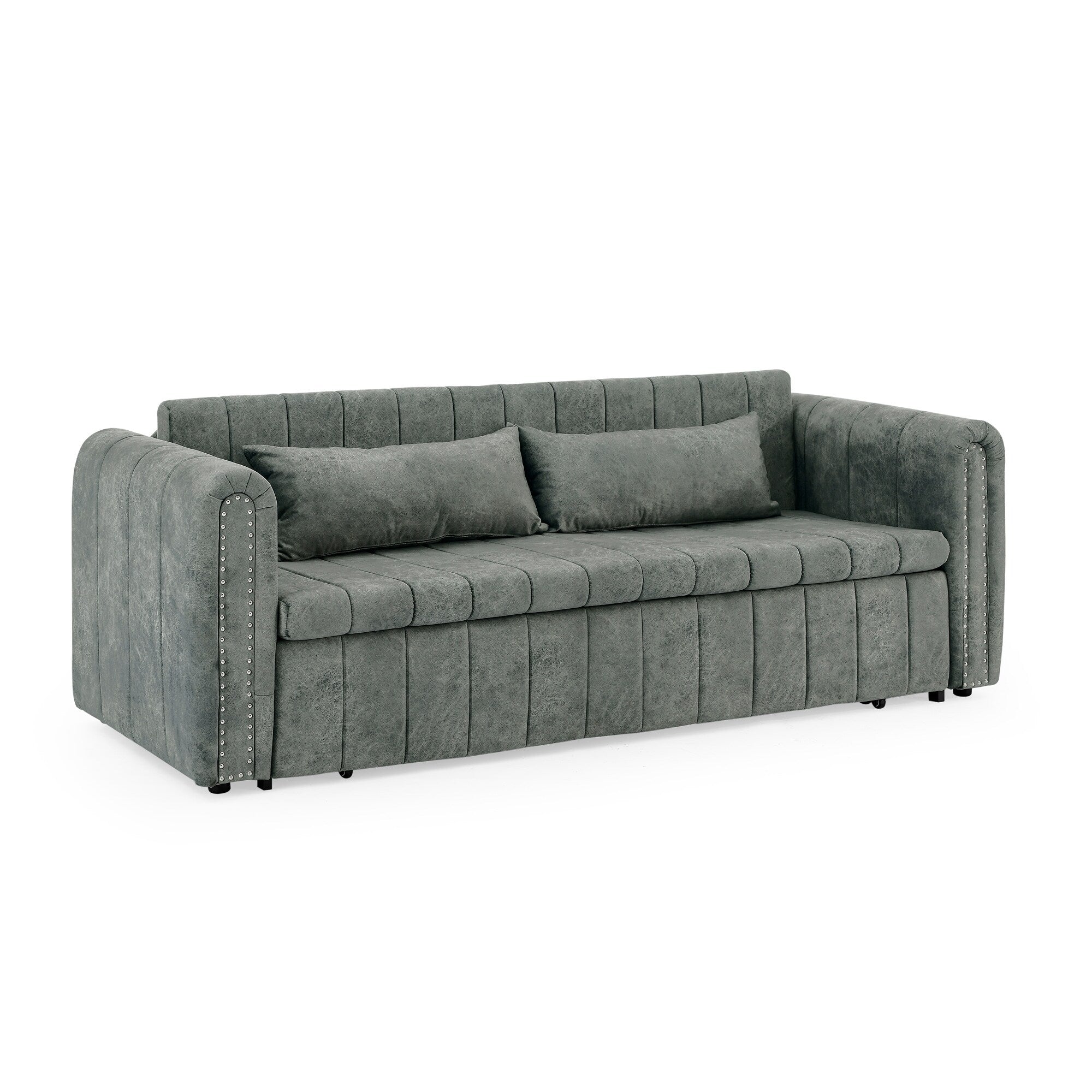 82.3'' Velvet 3 Seater Sofa with Rolled Arms, Pull-Out Queen Bed, Two Drawers and Two Pillows