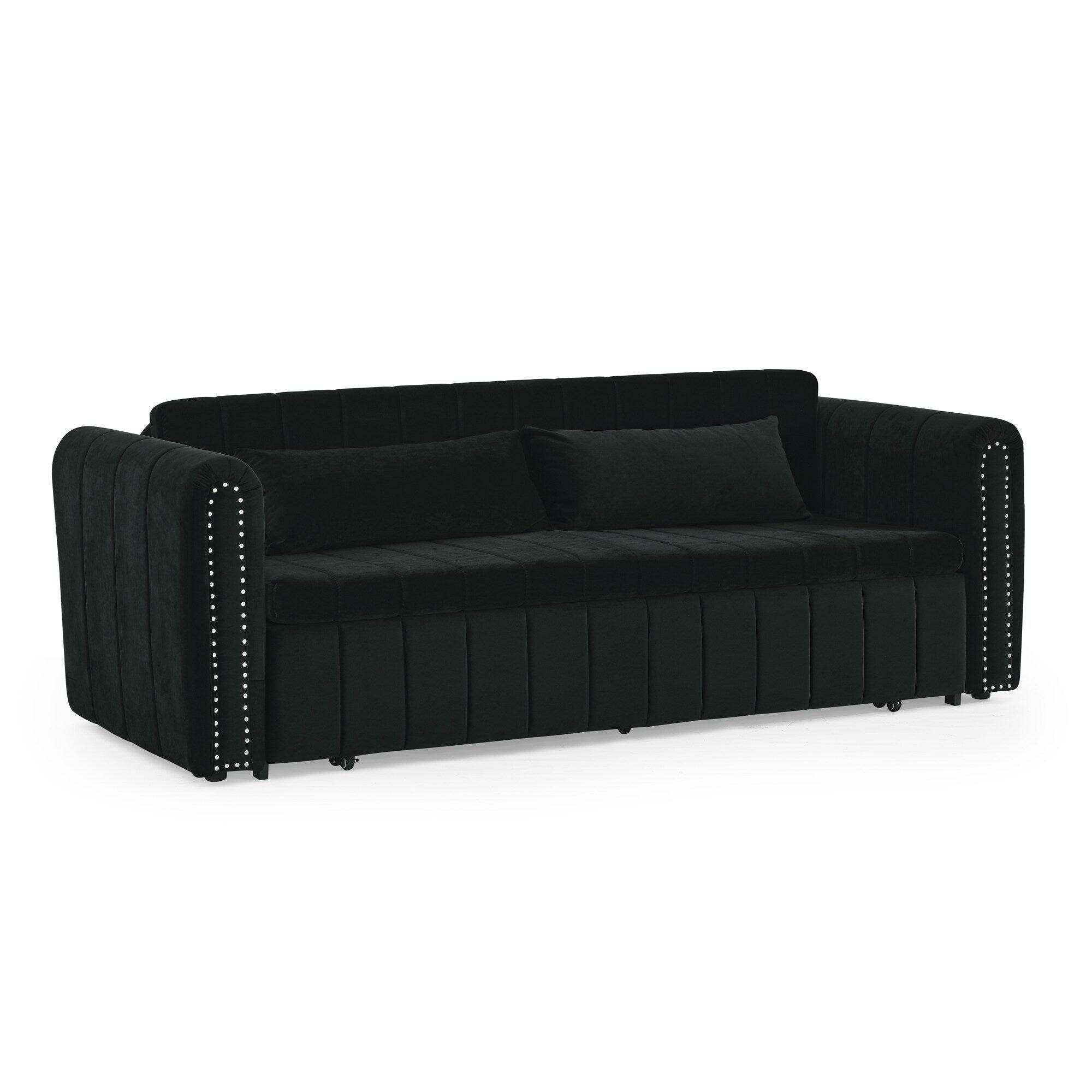 82.3'' Velvet 3 Seater Sofa with Rolled Arms, Pull-Out Queen Bed, Two Drawers and Two Pillows