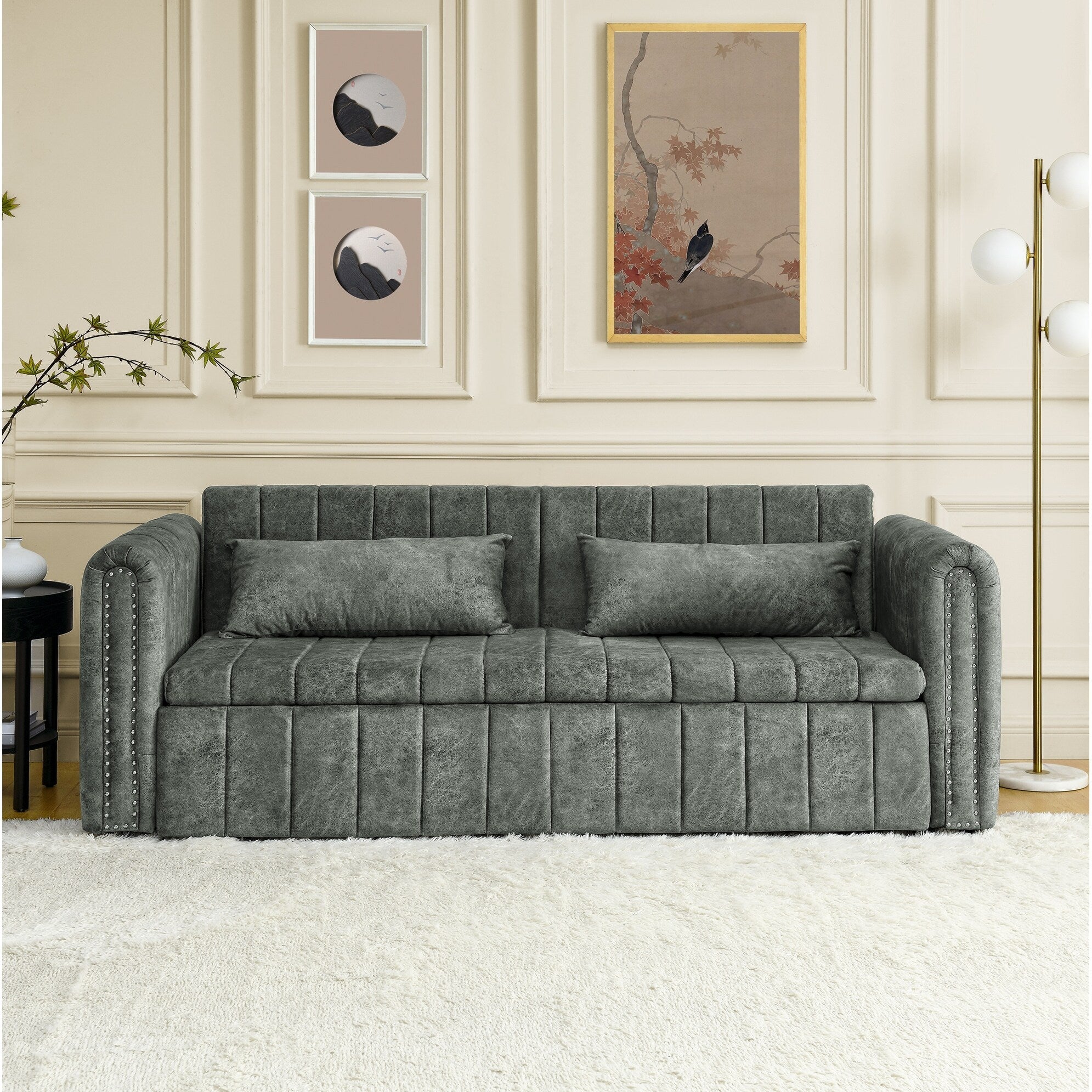 82.3'' Velvet 3 Seater Sofa with Rolled Arms, Pull-Out Queen Bed, Two Drawers and Two Pillows