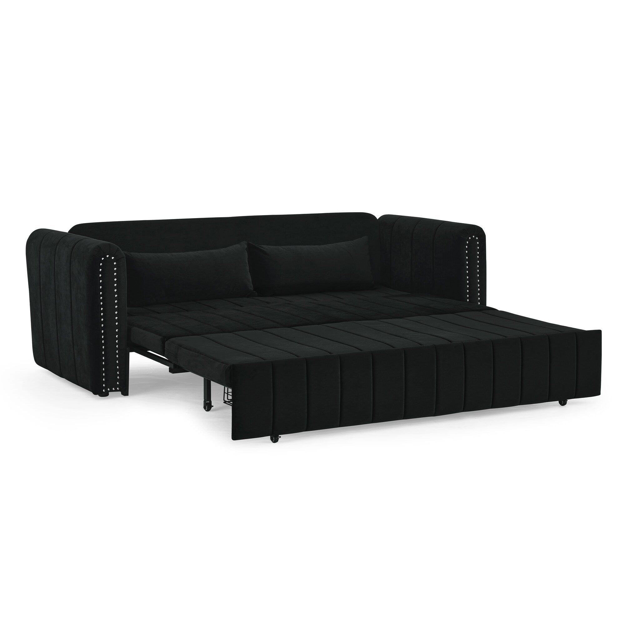 82.3'' Velvet 3 Seater Sofa with Rolled Arms, Pull-Out Queen Bed, Two Drawers and Two Pillows