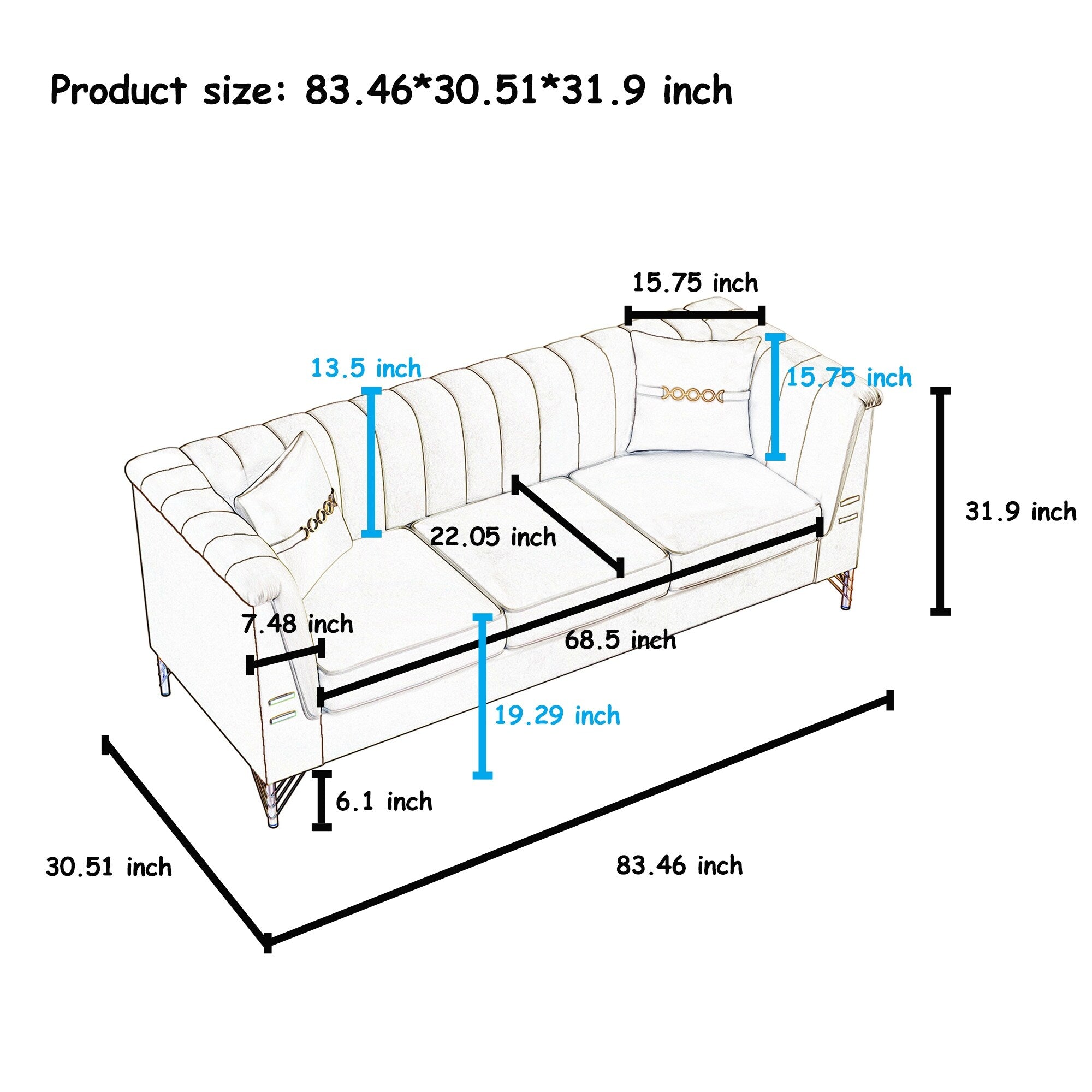82.67 Modern Velvet 3-Seater Sofa, Vertical Channel Tufted Backrest, Gold Metal Legs, Chesterfield Style