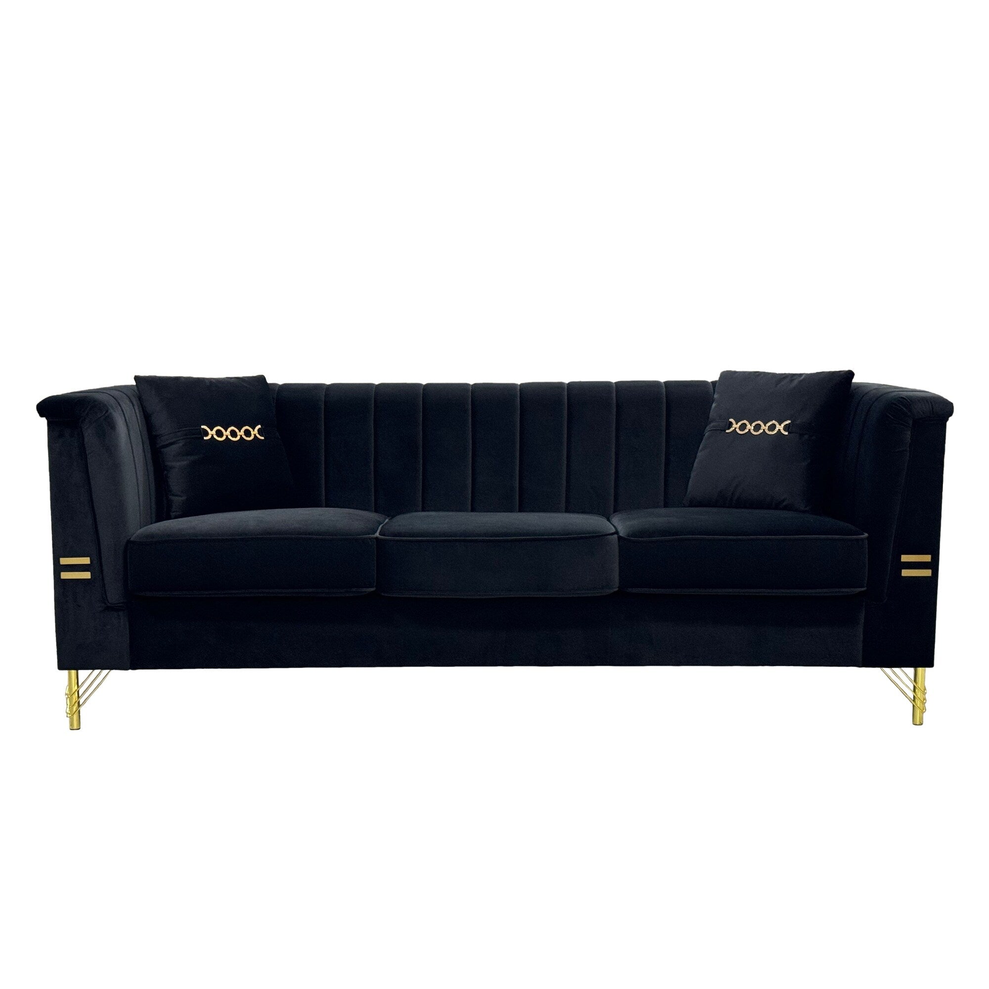82.67 Modern Velvet 3-Seater Sofa, Vertical Channel Tufted Backrest, Gold Metal Legs, Chesterfield Style