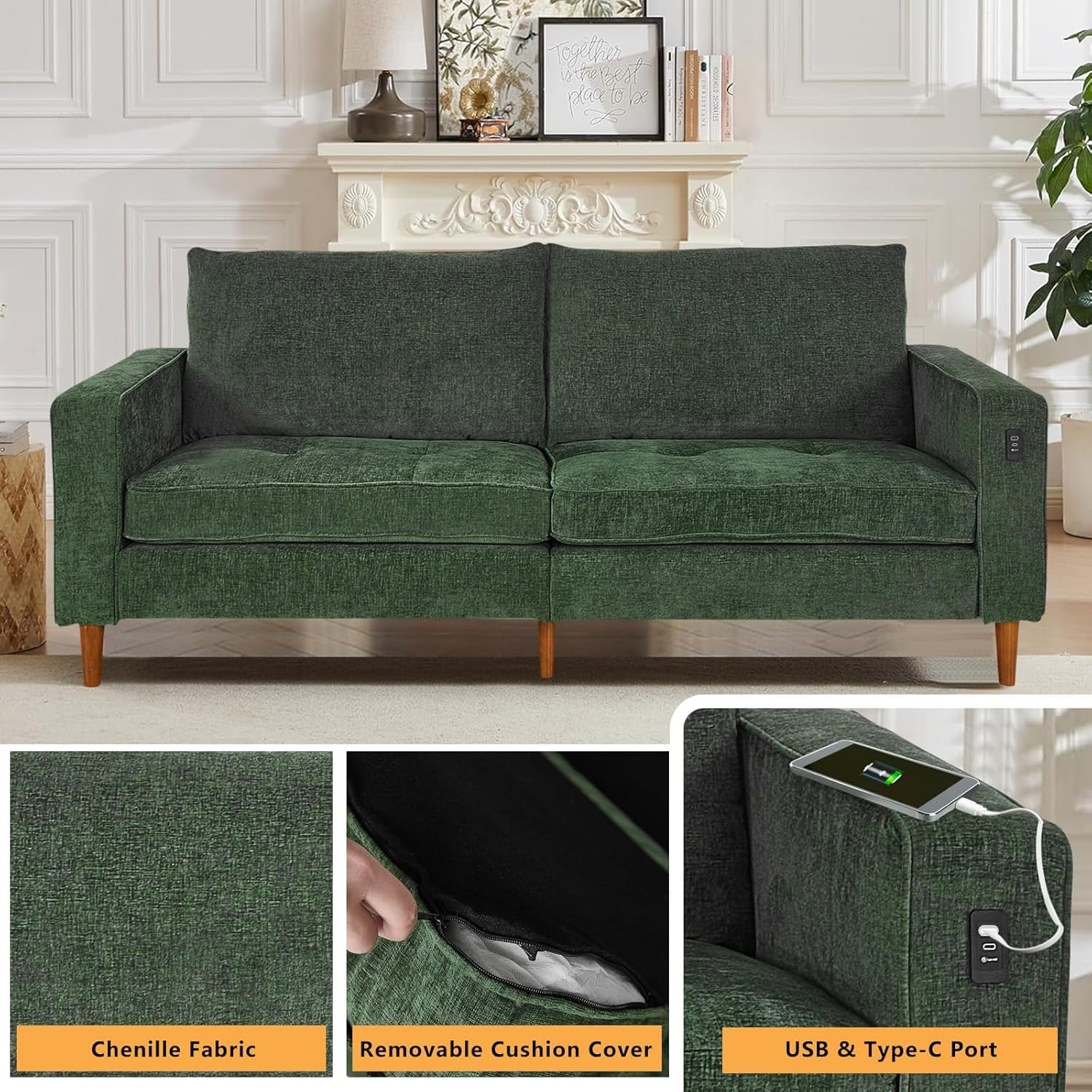 82.68'' Sofa for Living Room, Loveseat Sofa with USB/Type-C Port, Comfy Chenille Love Seat Couch with Removable Cover