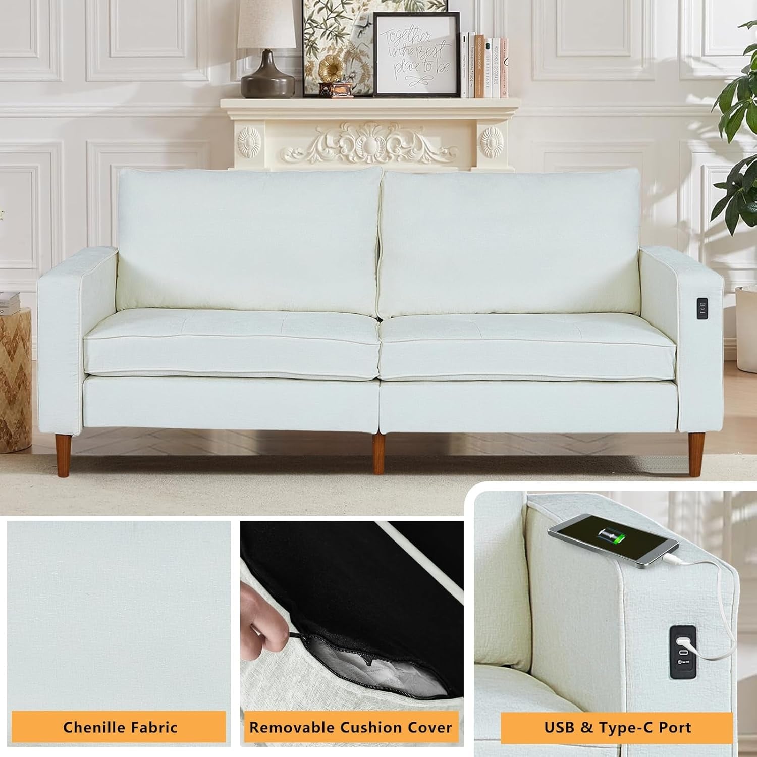 82.68'' Sofa for Living Room, Loveseat Sofa with USB/Type-C Port, Comfy Chenille Love Seat Couch with Removable Cover