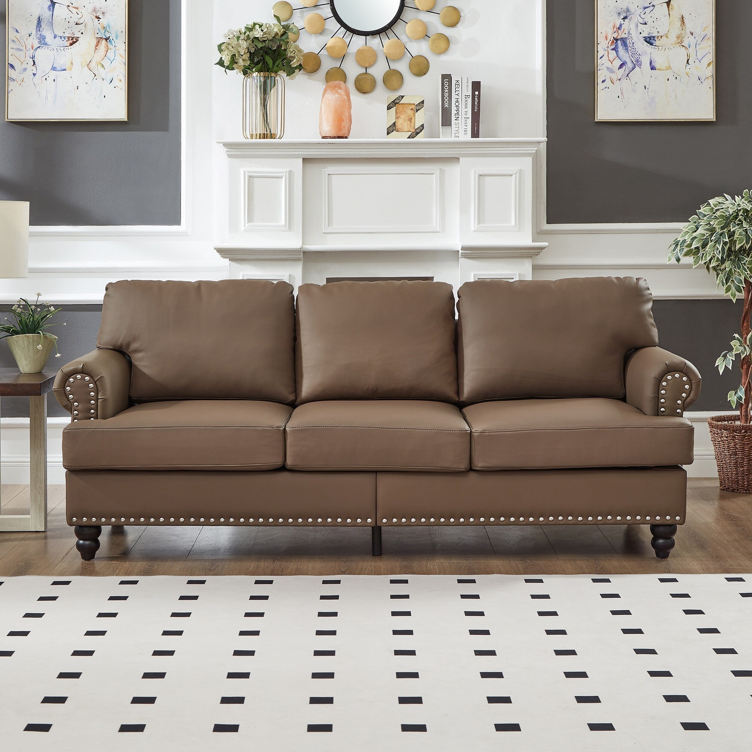 83 Classic Leather Sofa - 3-Seater Genuine-Look Cowhide Couch with Nailhead Trim, Durable Faux Leather Upholstery