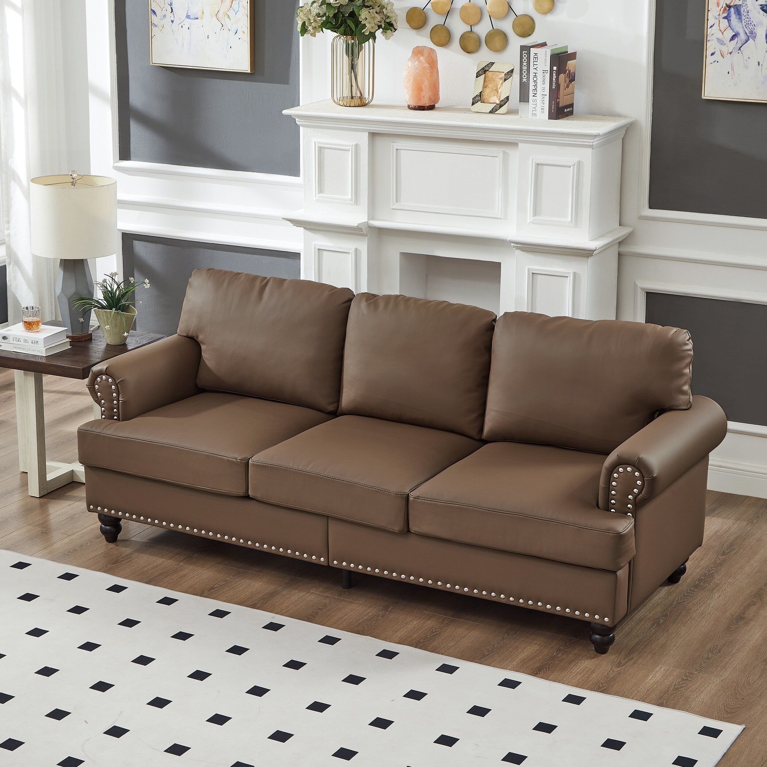 83 Classic Leather Sofa - 3-Seater Genuine-Look Cowhide Couch with Nailhead Trim, Durable Faux Leather Upholstery
