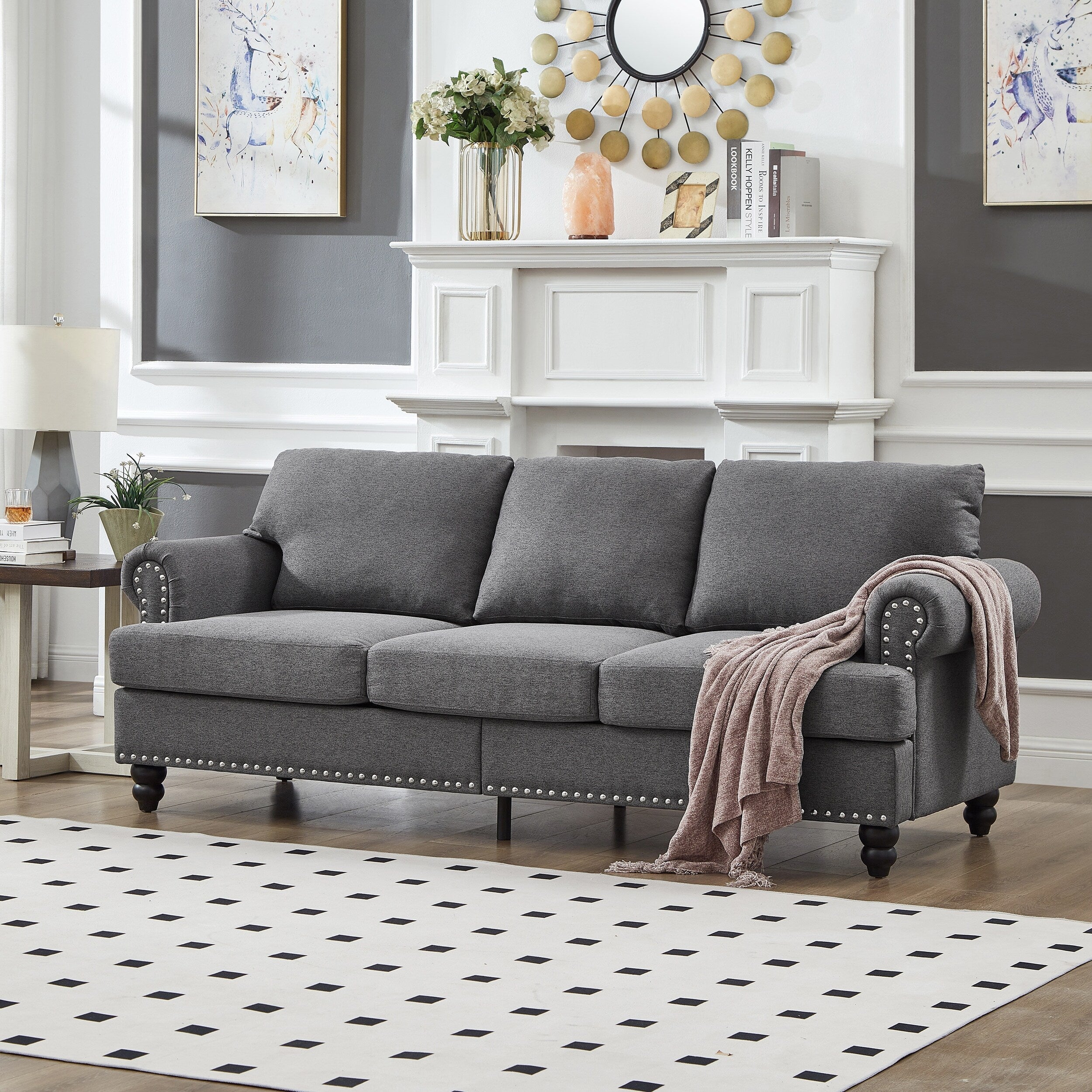 83 Classic Tufted Sofa - 3-Seater Fabric Couch with Nailhead Trim, Polyester Upholstery & Solid Wood Frame for Living Room