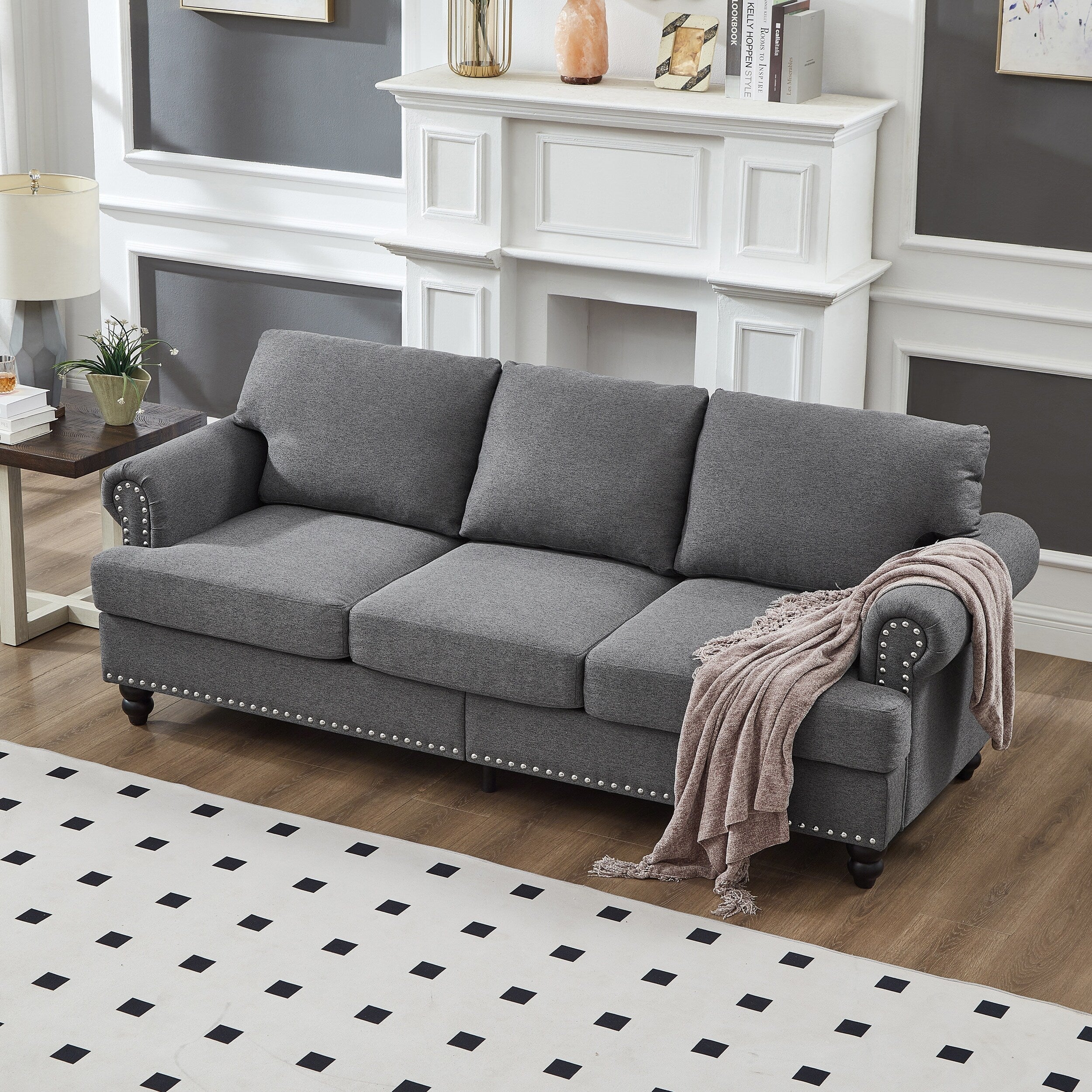 83 Classic Tufted Sofa - 3-Seater Fabric Couch with Nailhead Trim, Polyester Upholstery & Solid Wood Frame for Living Room