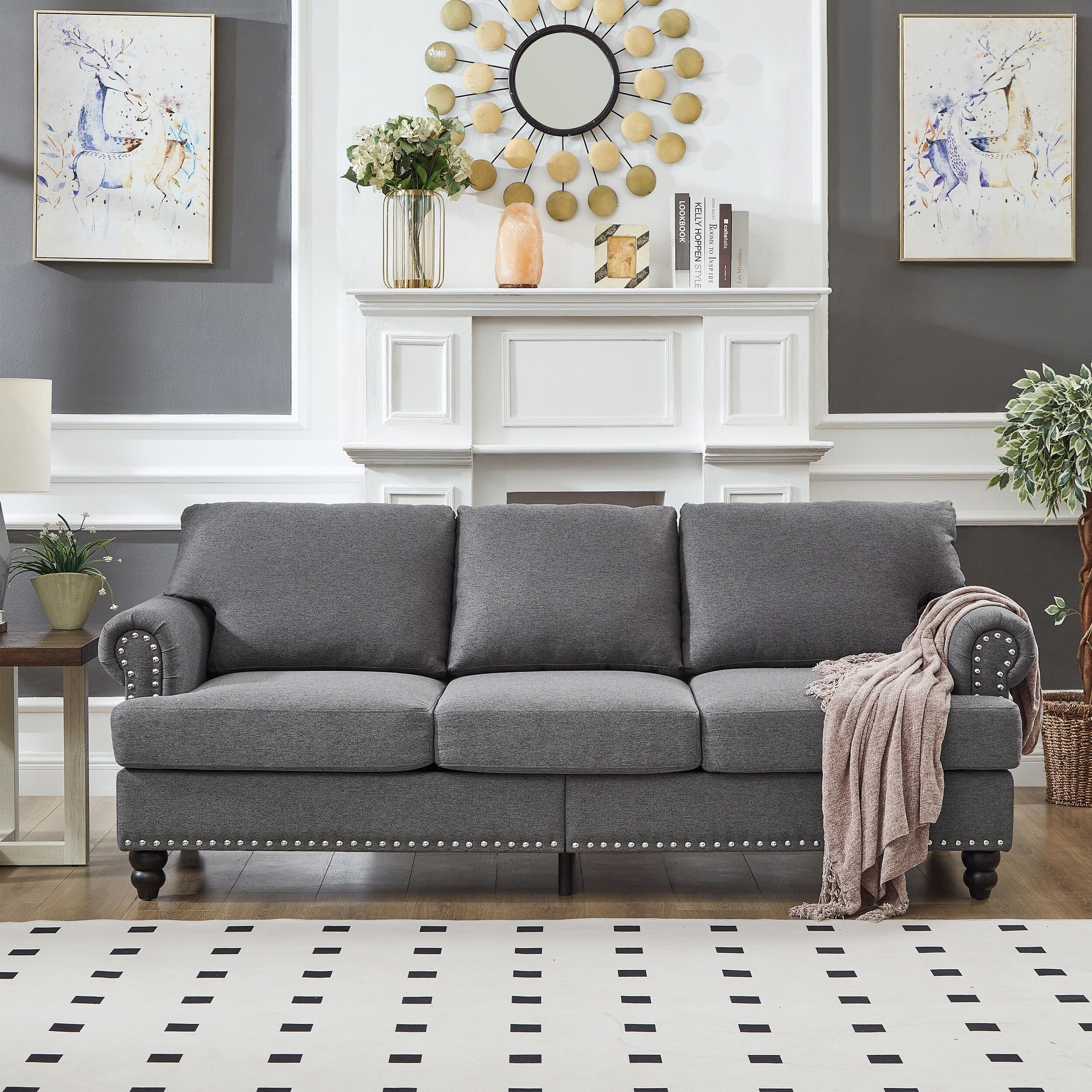 83 Classic Tufted Sofa - 3-Seater Fabric Couch with Nailhead Trim, Polyester Upholstery & Solid Wood Frame for Living Room