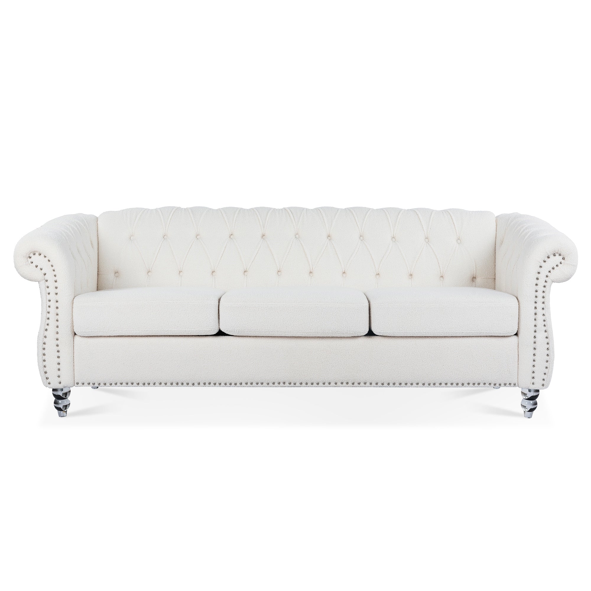 Nordic White Tufted Rolled Arm Upholstered Sofa - 32.09 x 84.65 x 28.35