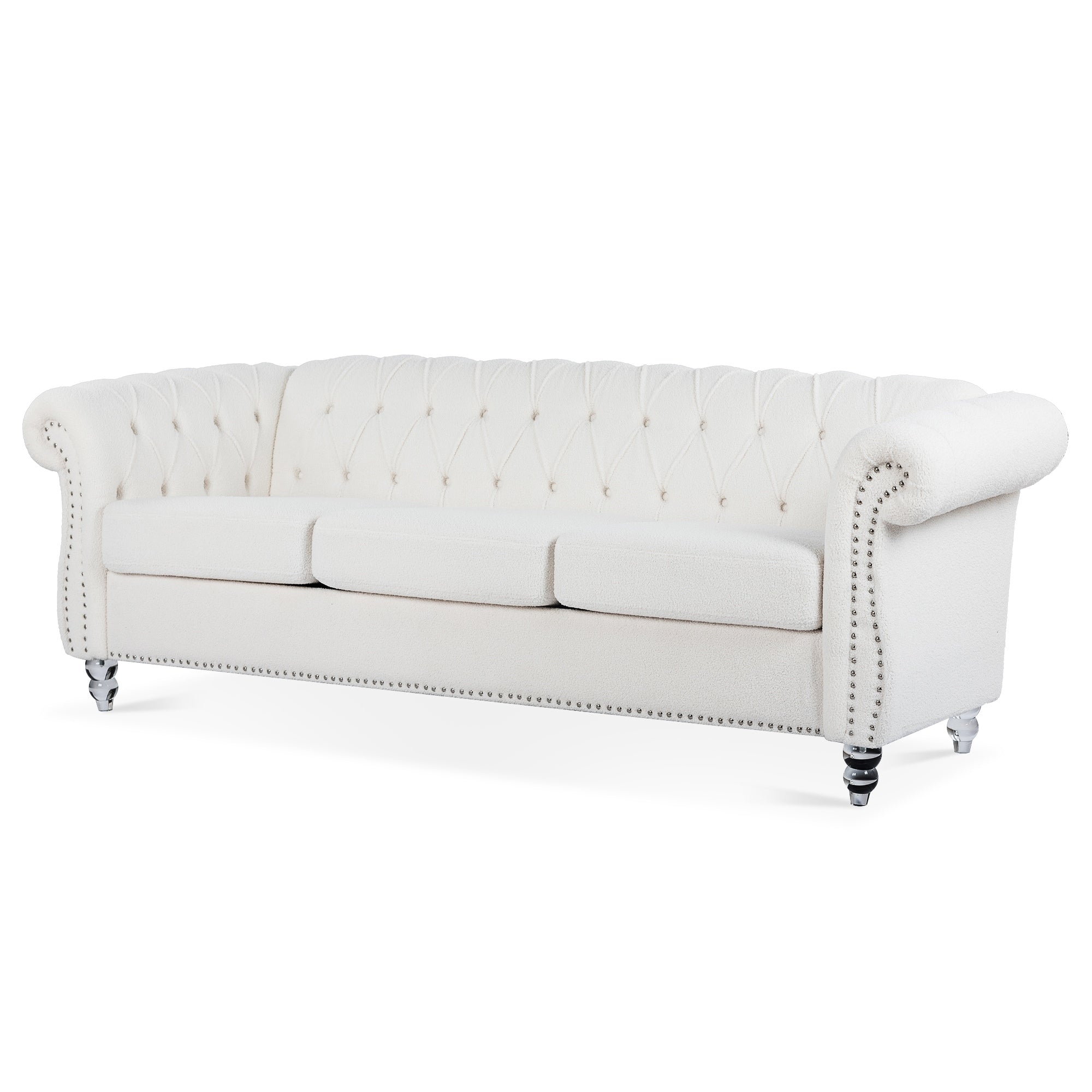 Nordic White Tufted Rolled Arm Upholstered Sofa - 32.09 x 84.65 x 28.35