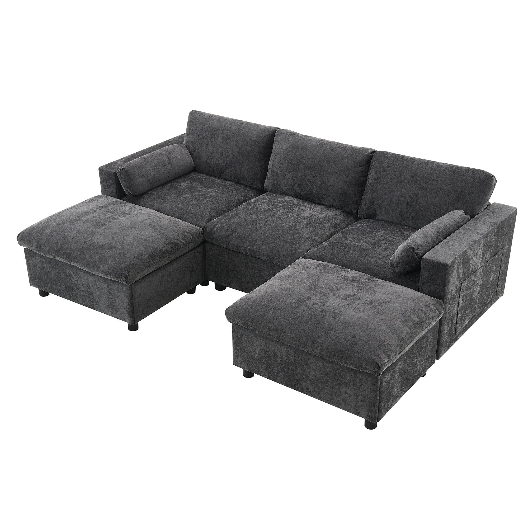 86.5-Inch U-Shaped Chenille Sectional Sofa with Storage Pockets, 2 Movable Ottomans and Throw Pillows for Living Room