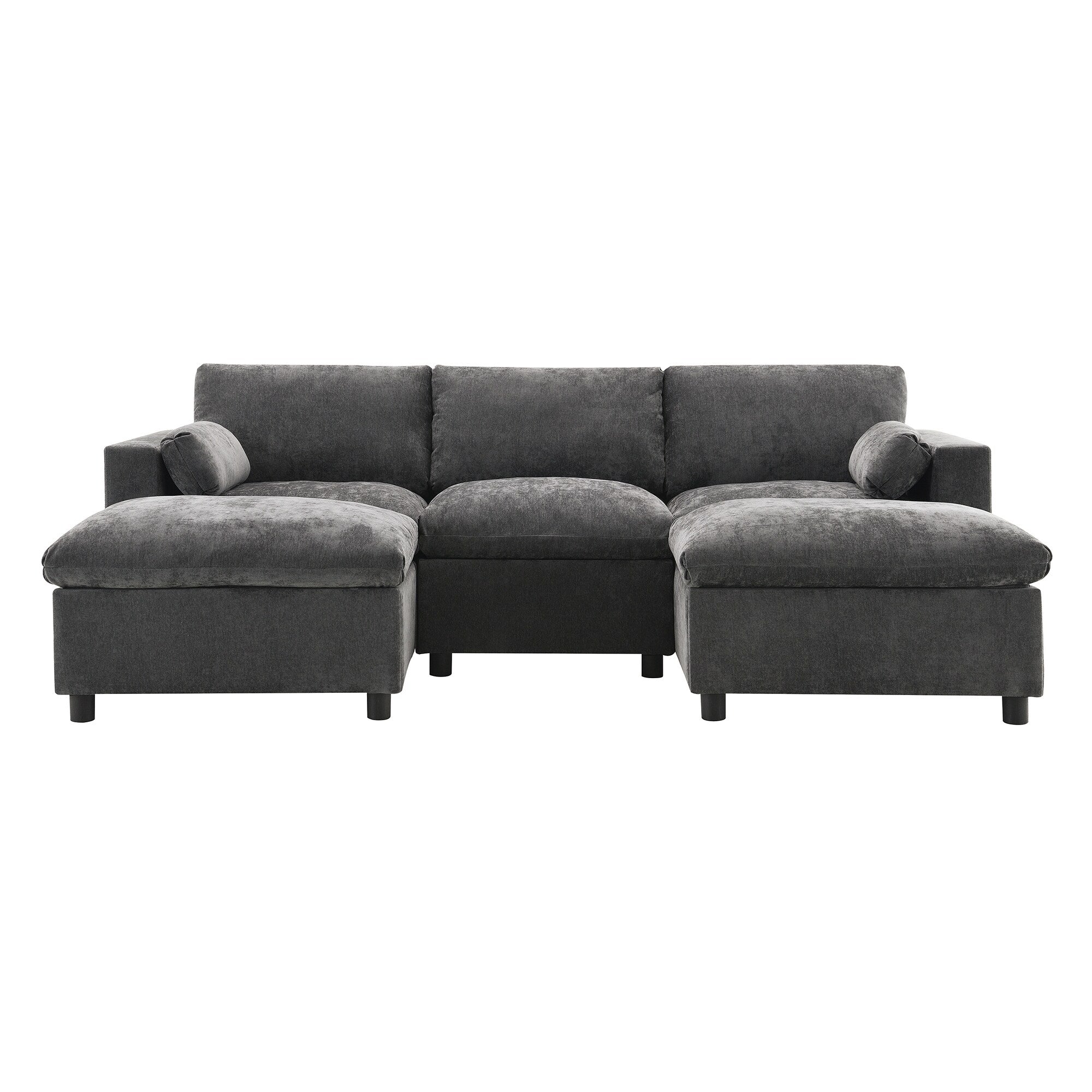 86.5-Inch U-Shaped Chenille Sectional Sofa with Storage Pockets, 2 Movable Ottomans and Throw Pillows for Living Room