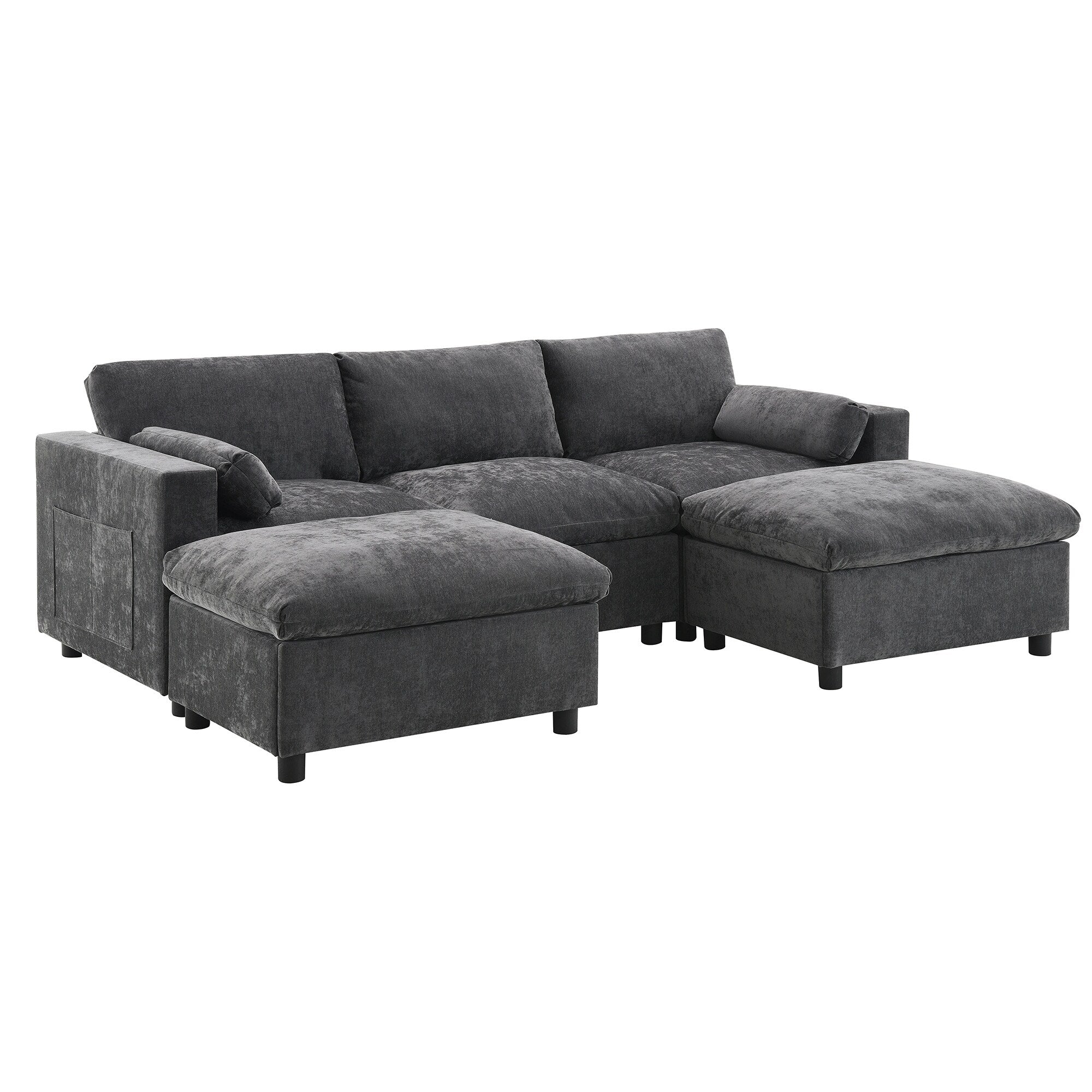 86.5-Inch U-Shaped Chenille Sectional Sofa with Storage Pockets, 2 Movable Ottomans and Throw Pillows for Living Room