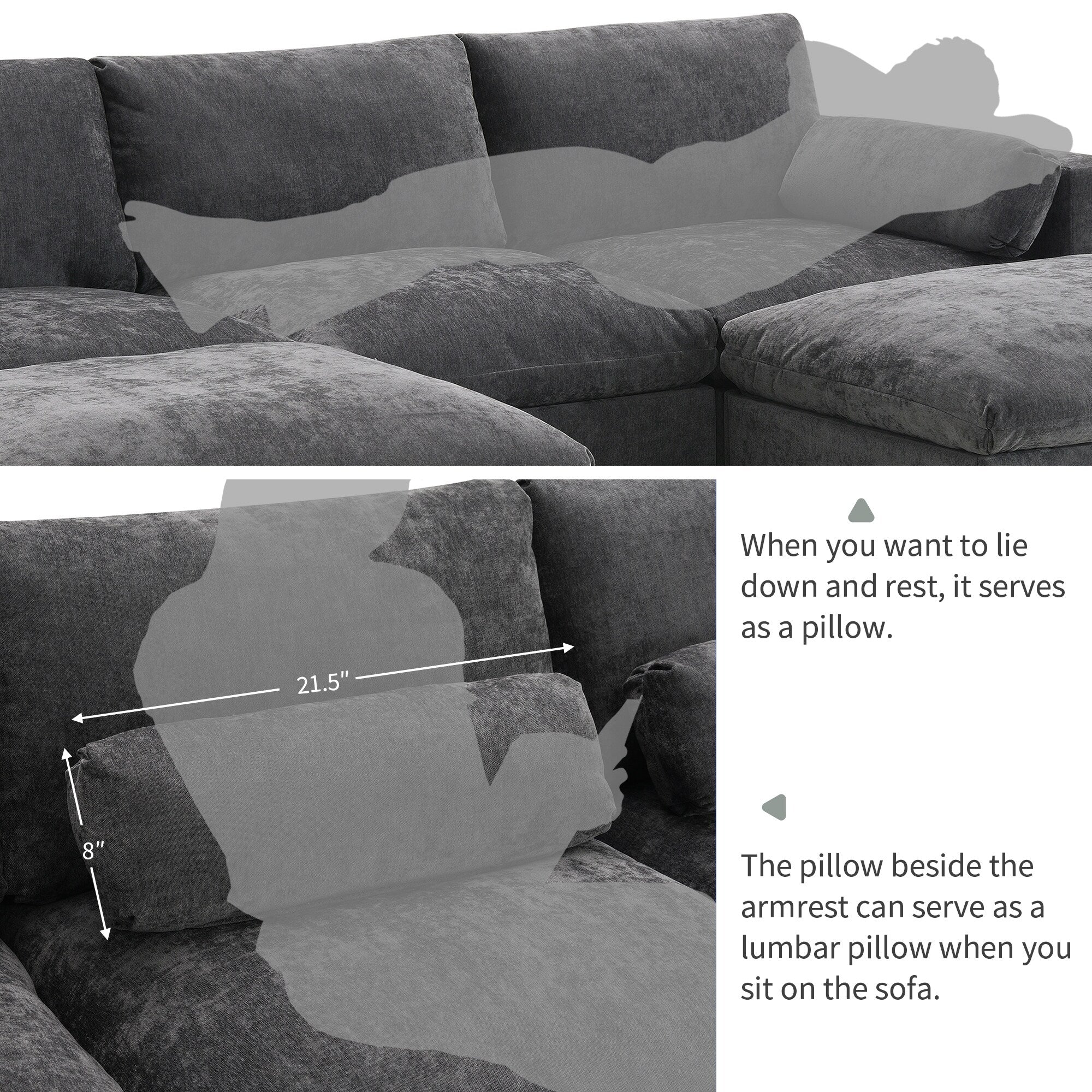 86.5-Inch U-Shaped Chenille Sectional Sofa with Storage Pockets, 2 Movable Ottomans and Throw Pillows for Living Room