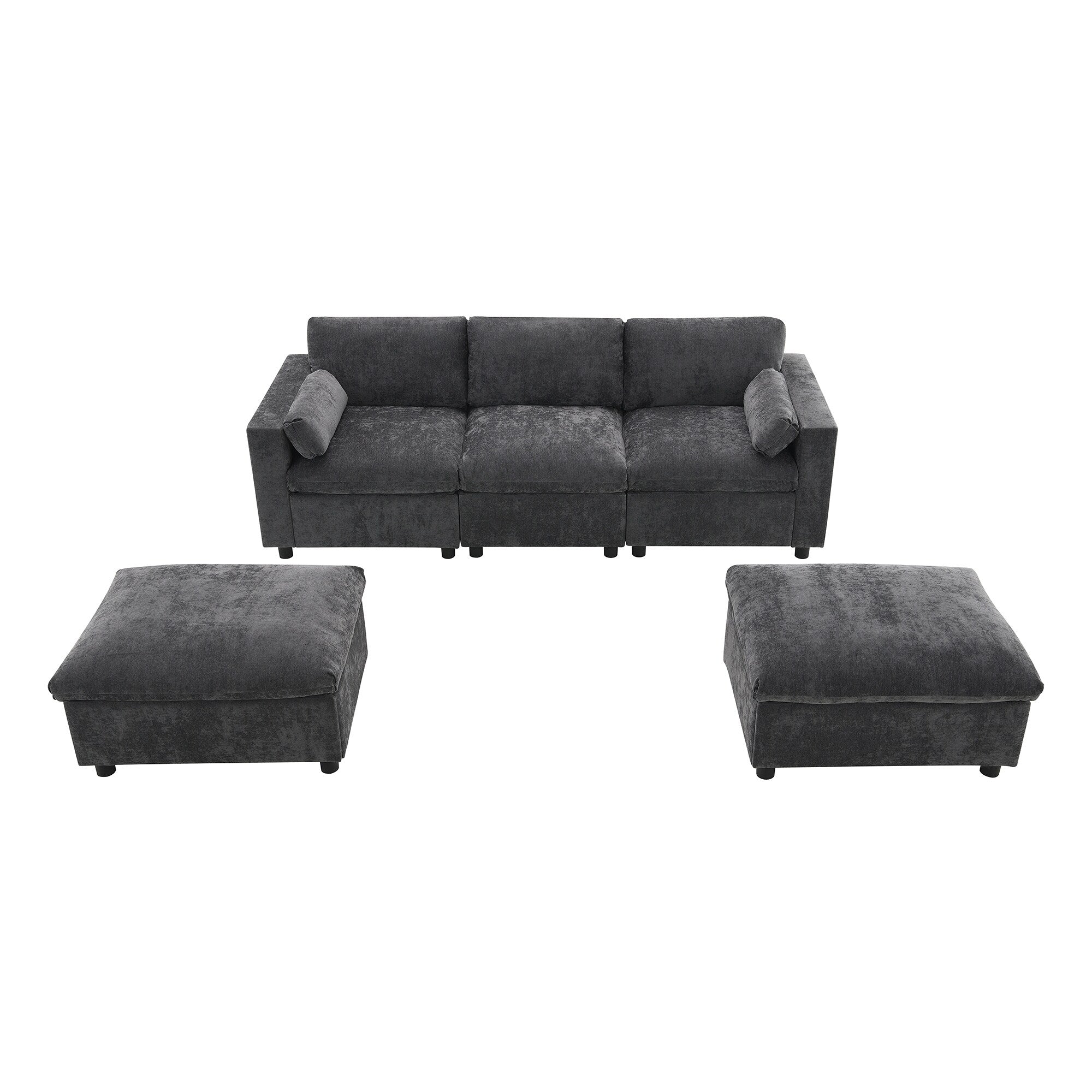86.5-Inch U-Shaped Chenille Sectional Sofa with Storage Pockets, 2 Movable Ottomans and Throw Pillows for Living Room