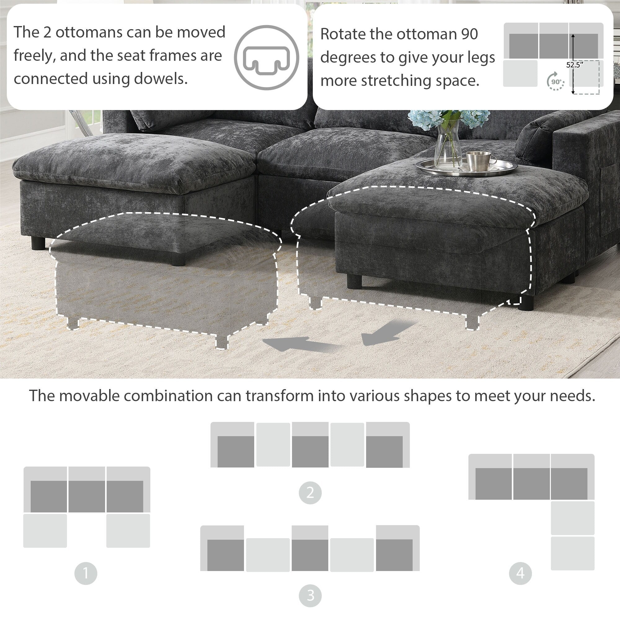 86.5-Inch U-Shaped Chenille Sectional Sofa with Storage Pockets, 2 Movable Ottomans and Throw Pillows for Living Room