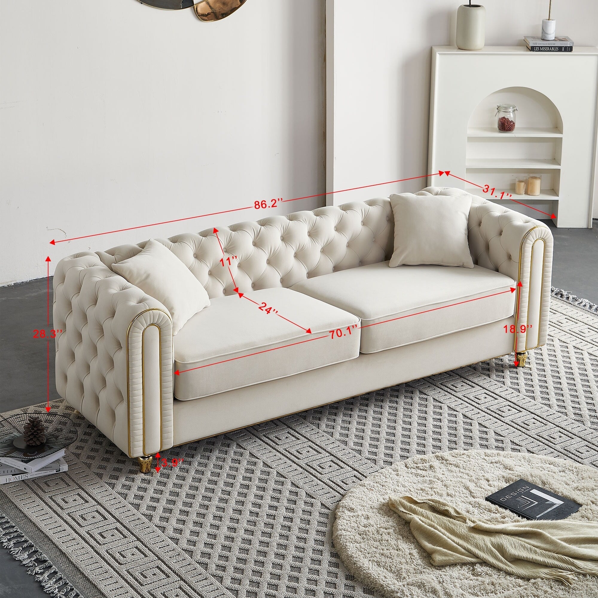 86'' W Luxury Modern Tufted Sofa with 2pcs of toss pillows for Living Room ,Bedroom