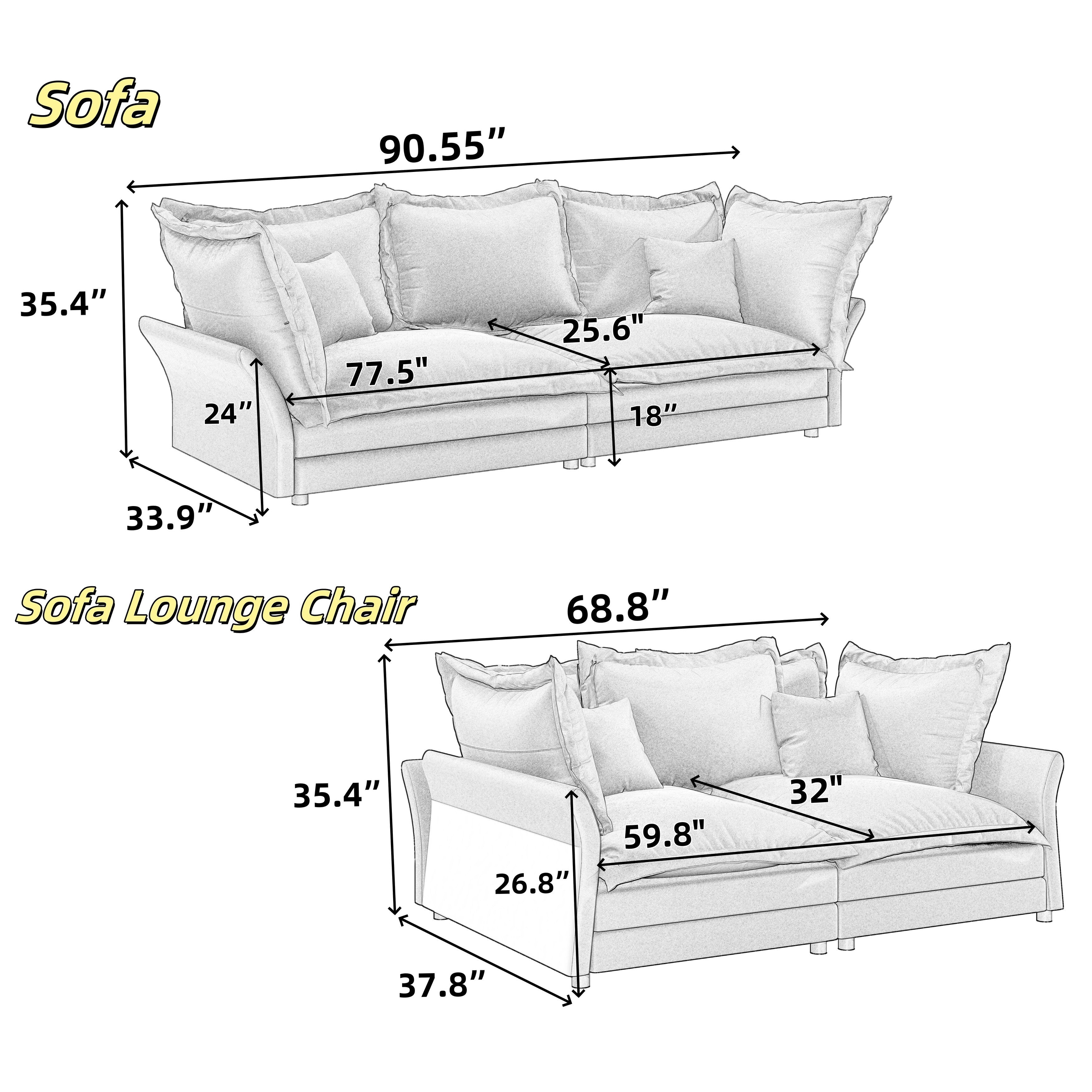 90.55 Modern Deep Seat Sofa Couches with Multiple Large Soft Pillows