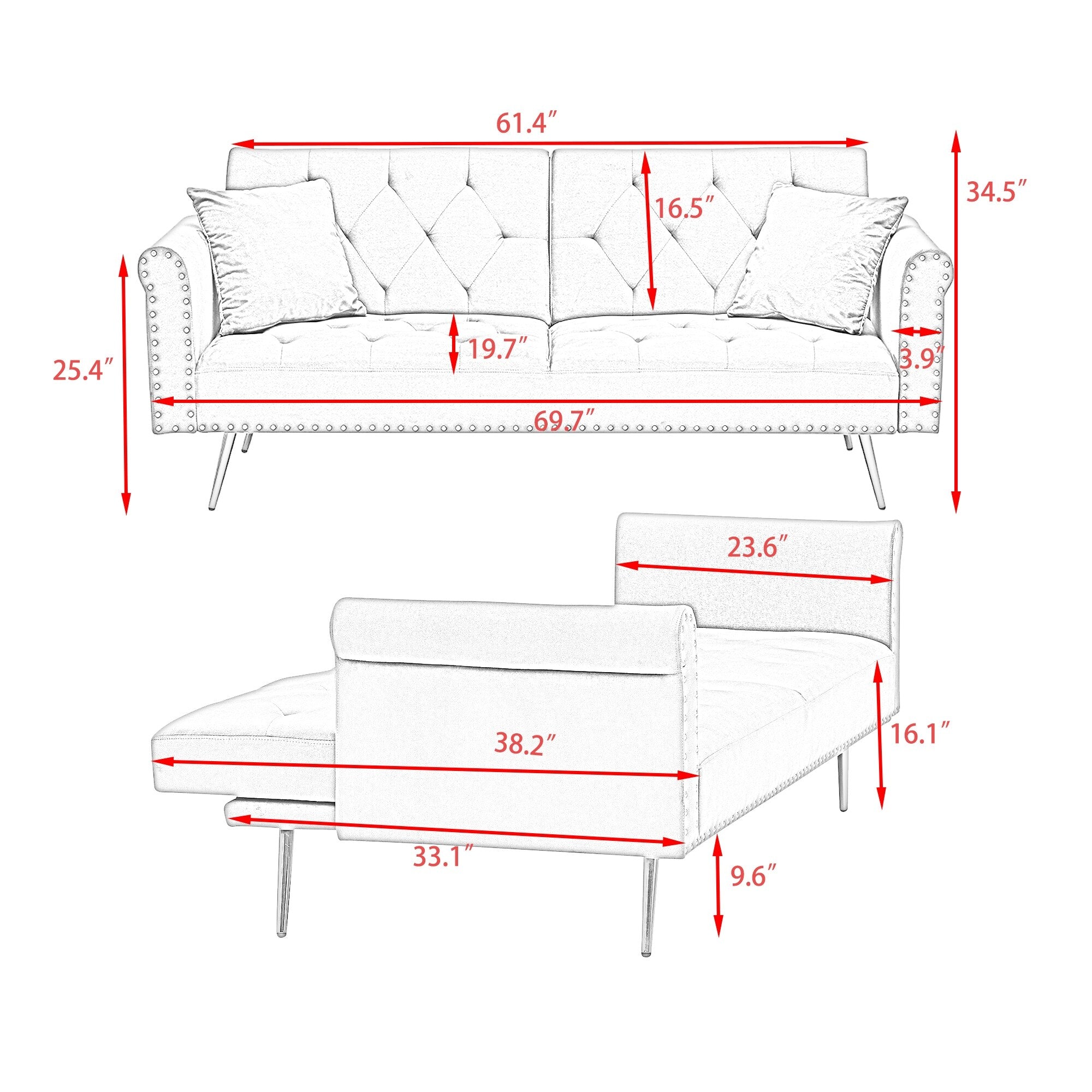 A 69.7-Inch-Long Sofa Bed Covered In Velvet Fabric, Featuring Nail Head Trim And Accompanied By A Matching Throw Pillow