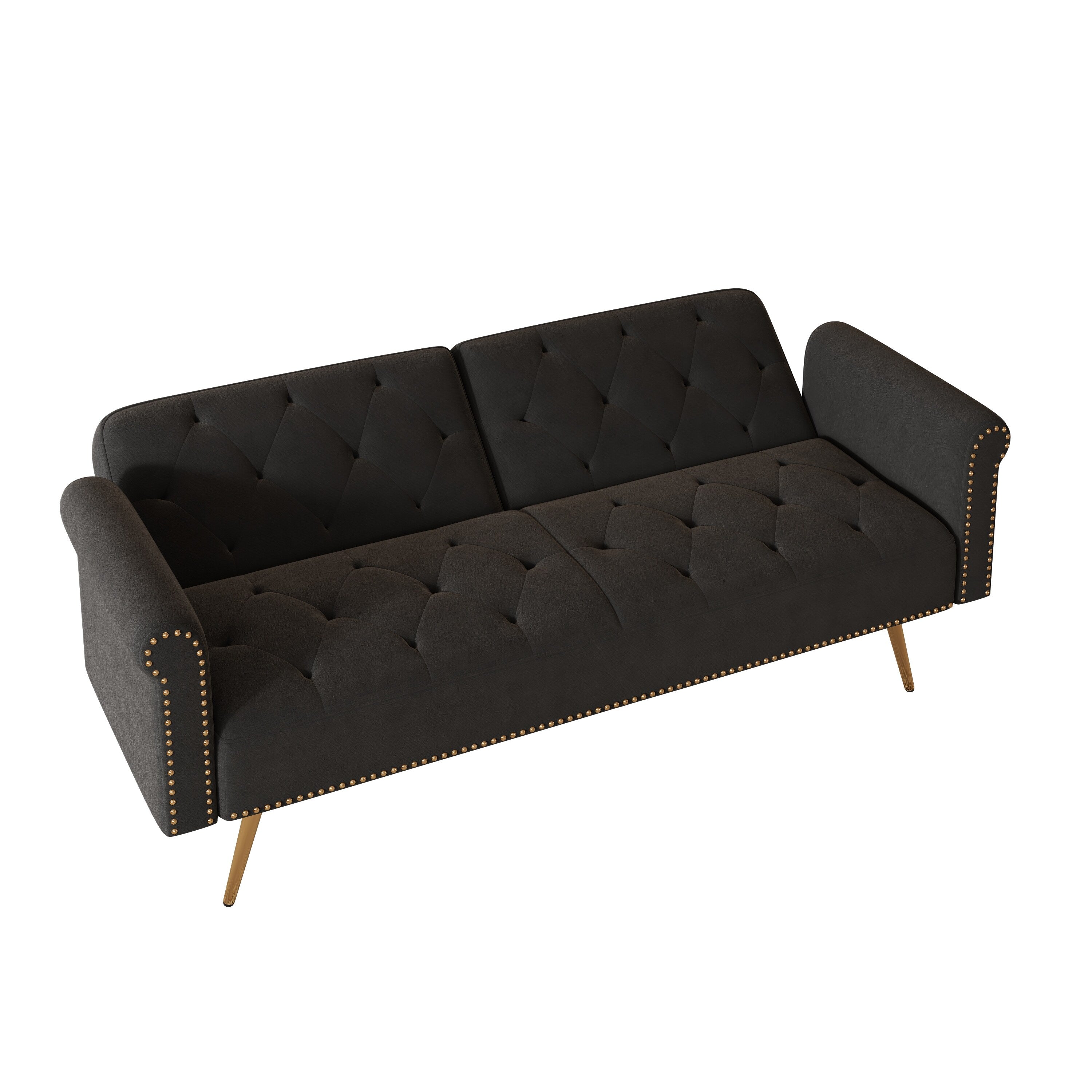 A 69.7-Inch-Long Sofa Bed Covered In Velvet Fabric, Featuring Nail Head Trim And Accompanied By A Matching Throw Pillow