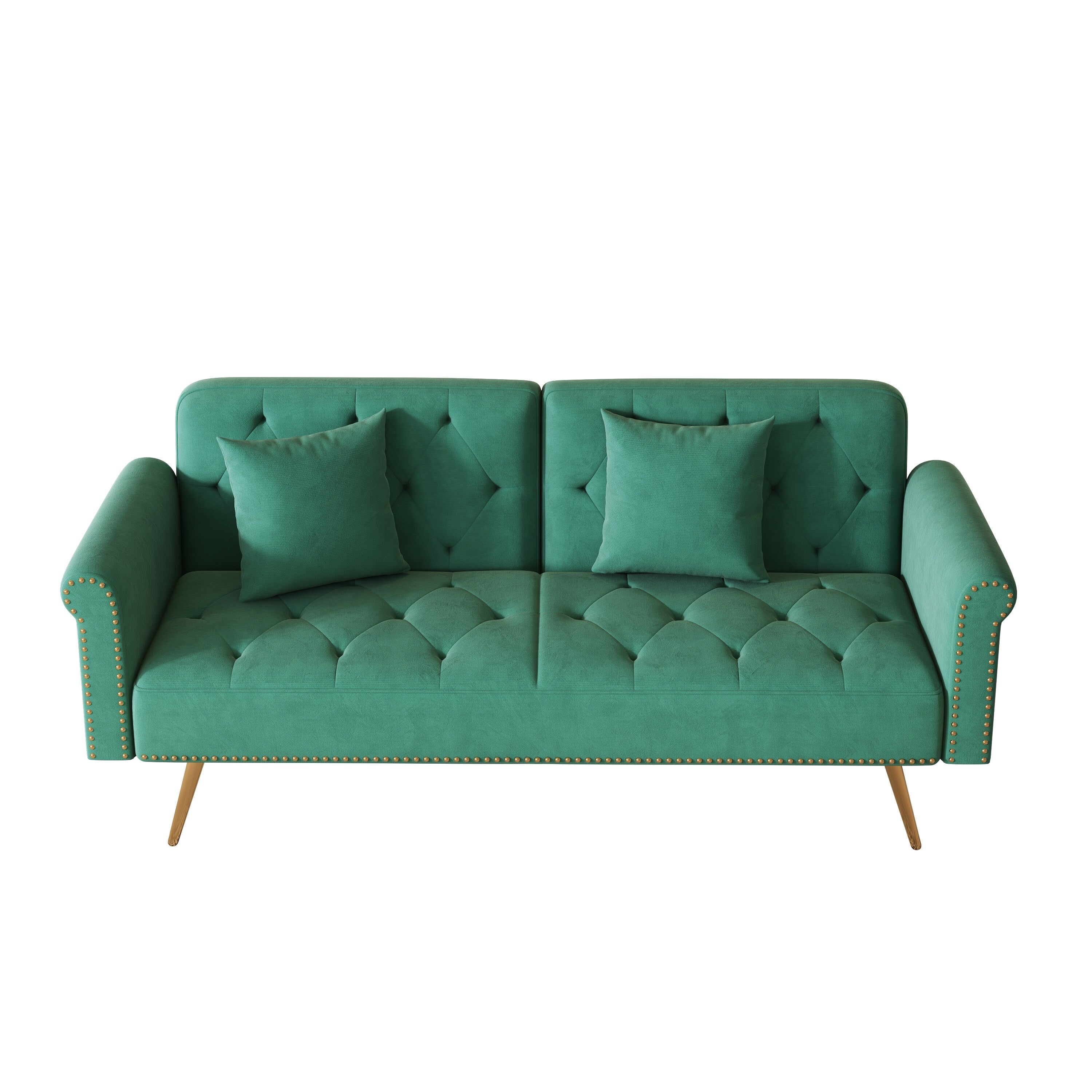 A 69.7-Inch-Long Sofa Bed Covered In Velvet Fabric, Featuring Nail Head Trim And Accompanied By A Matching Throw Pillow