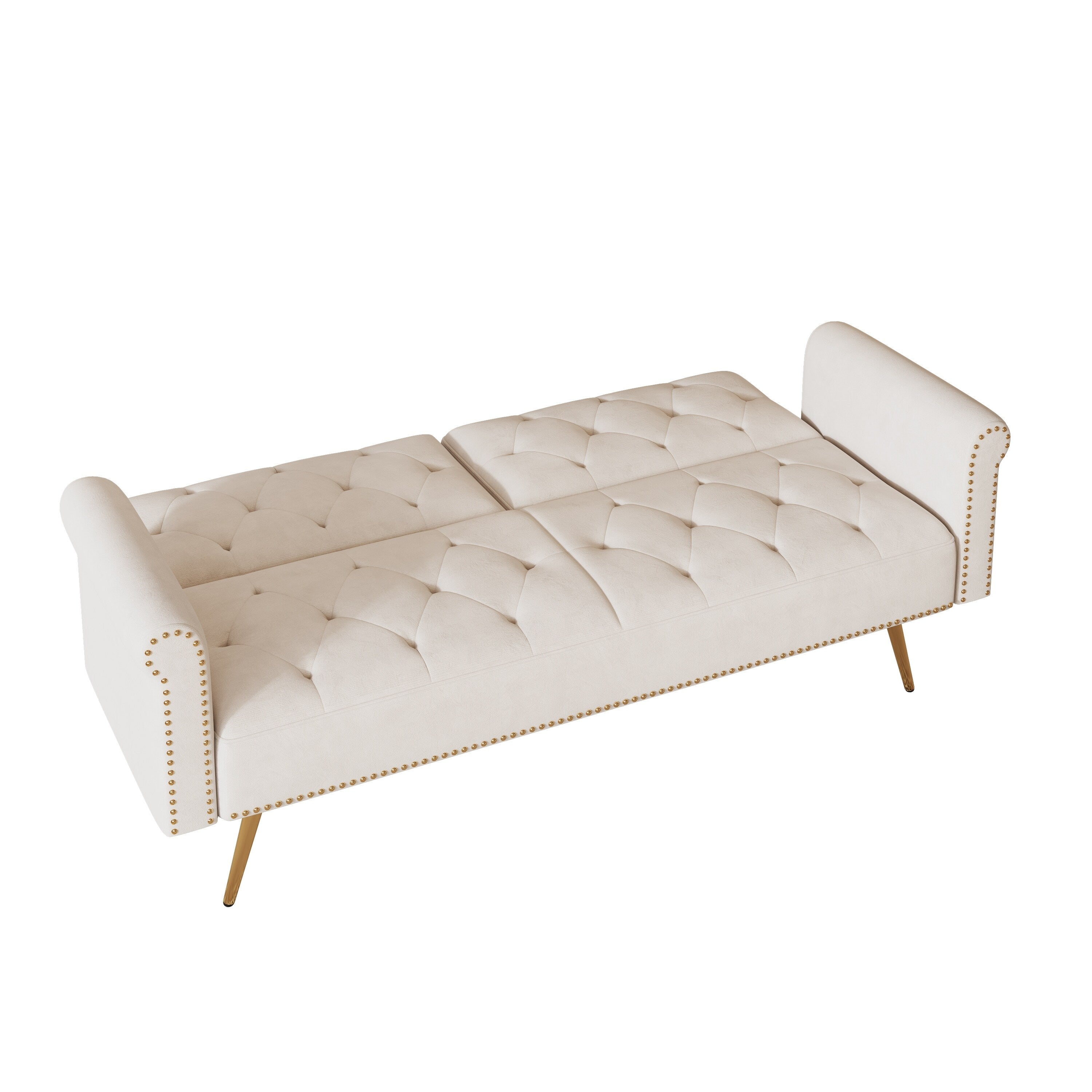 A 69.7-Inch-Long Sofa Bed Covered In Velvet Fabric, Featuring Nail Head Trim And Accompanied By A Matching Throw Pillow
