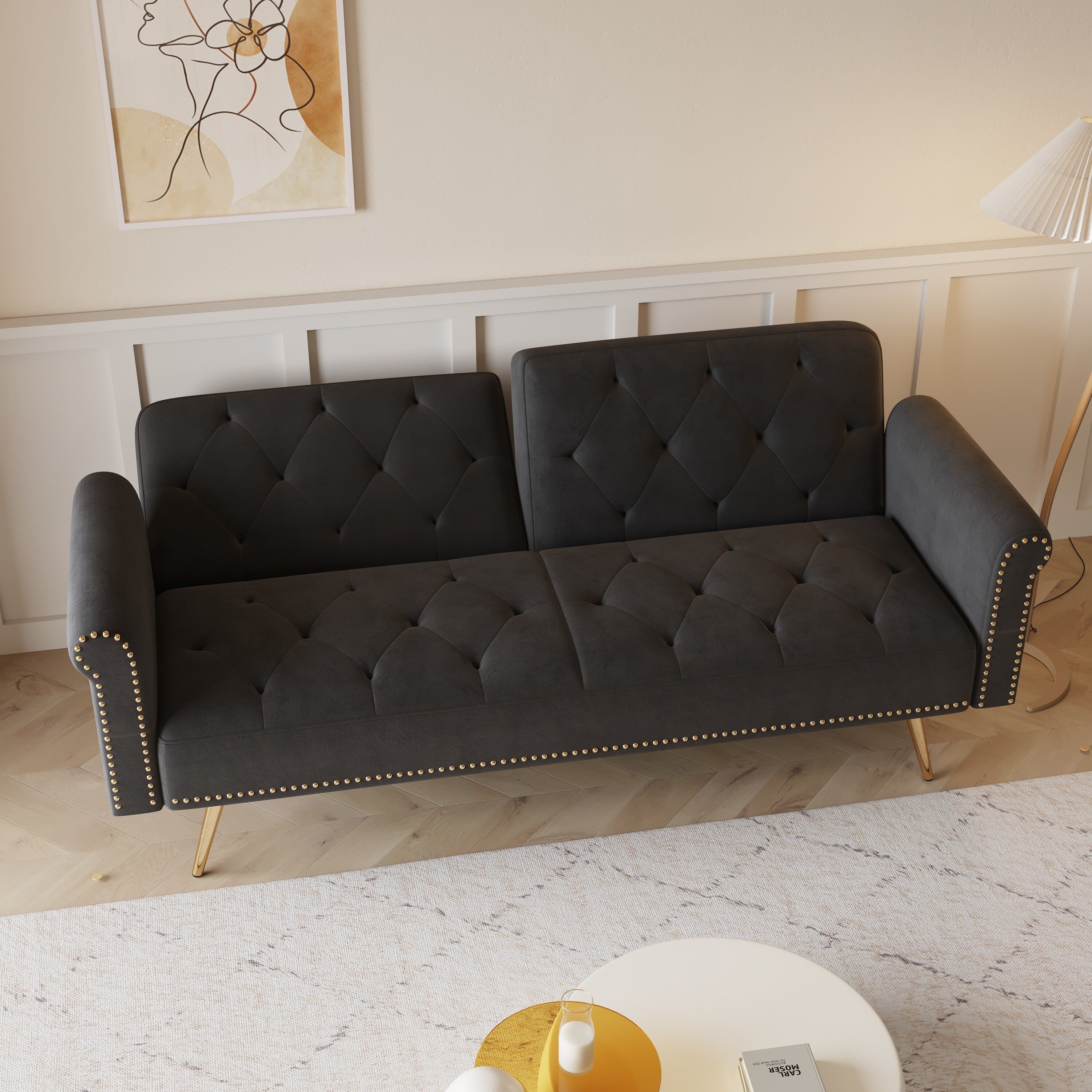 A 69.7-Inch-Long Sofa Bed Covered In Velvet Fabric, Featuring Nail Head Trim And Accompanied By A Matching Throw Pillow