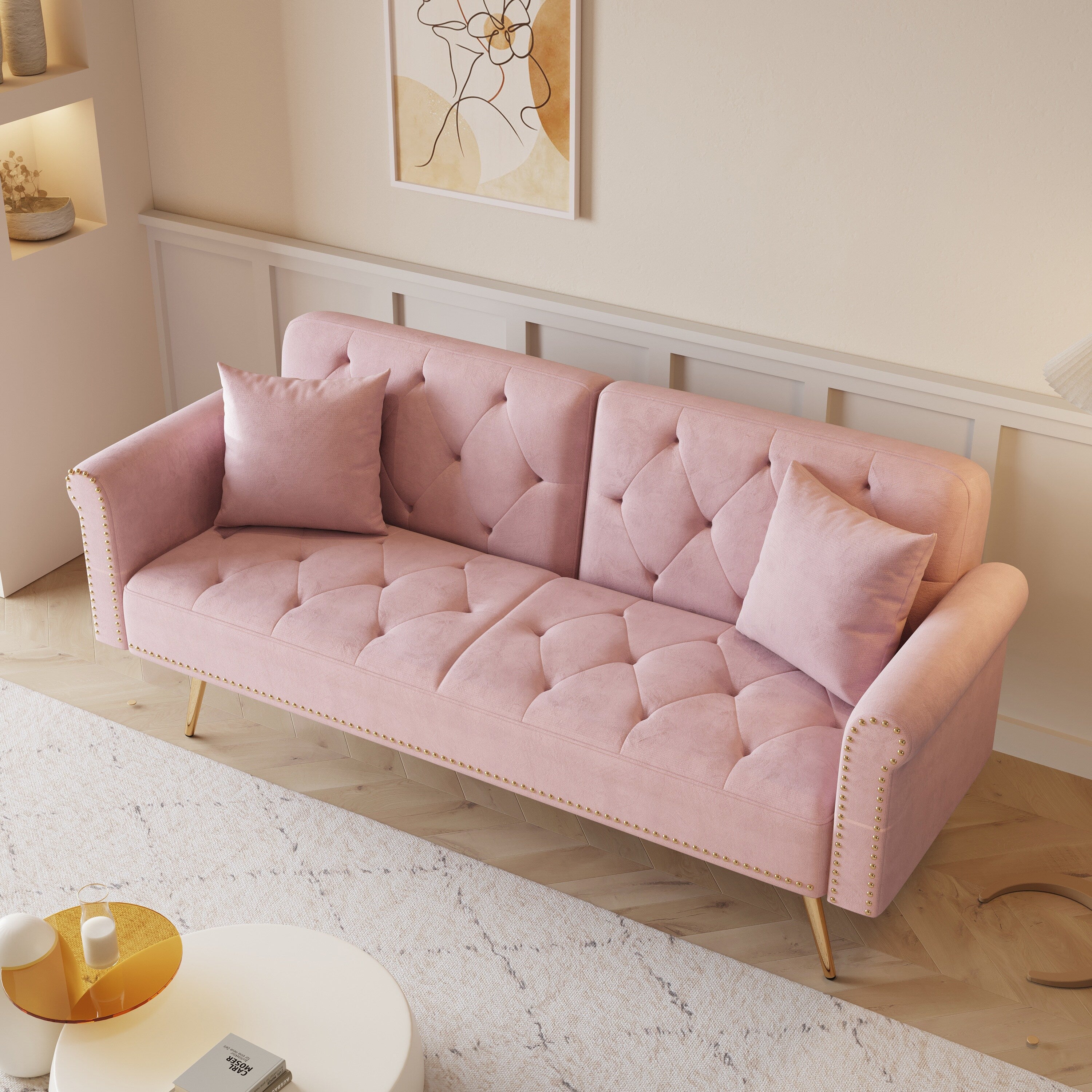 A 69.7-Inch-Long Sofa Bed Covered In Velvet Fabric, Featuring Nail Head Trim And Accompanied By A Matching Throw Pillow
